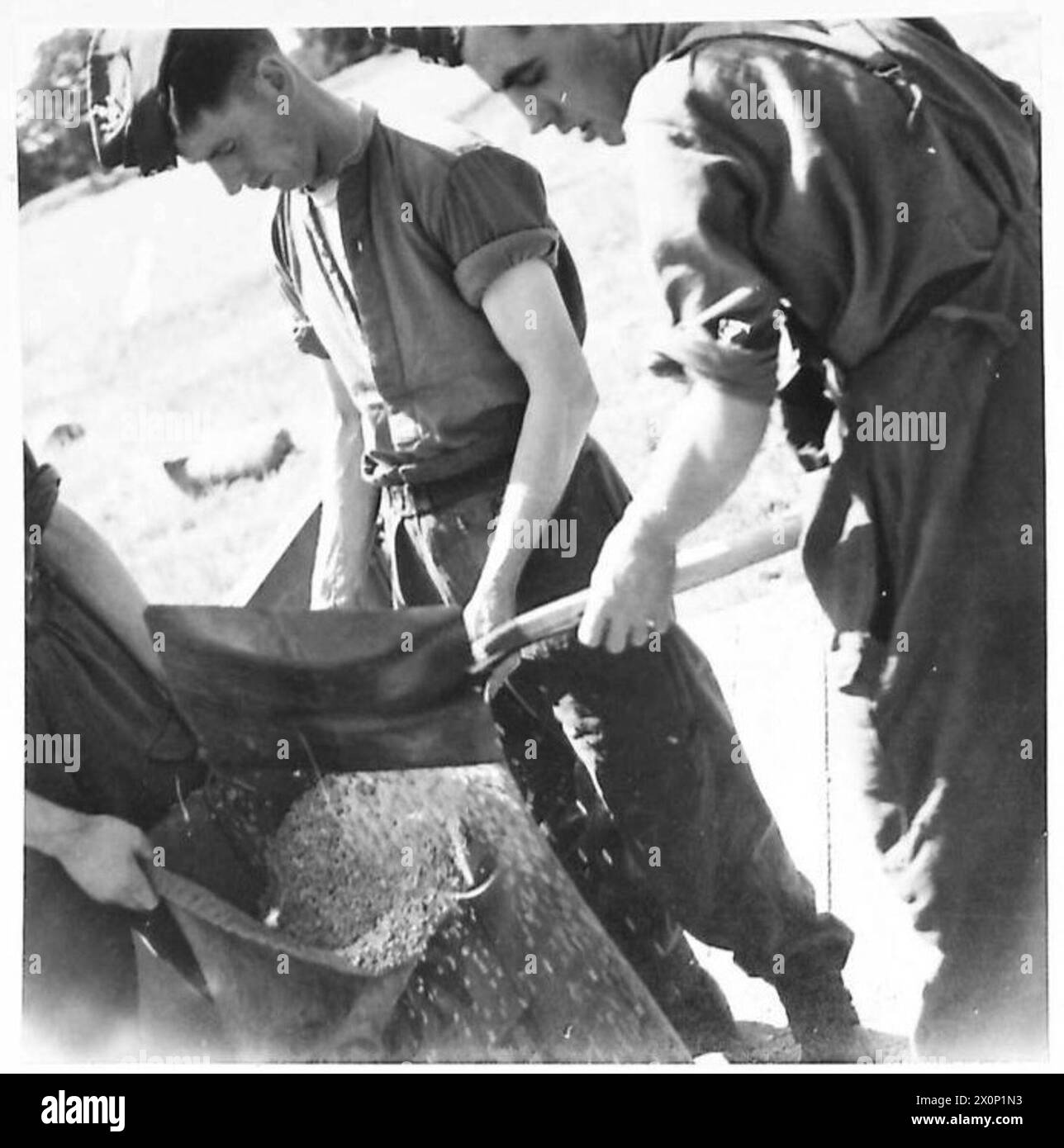 Les soldats remplissent des sacs avec du grain provenant d'un camion pendant une opération de récolte. Banque D'Images