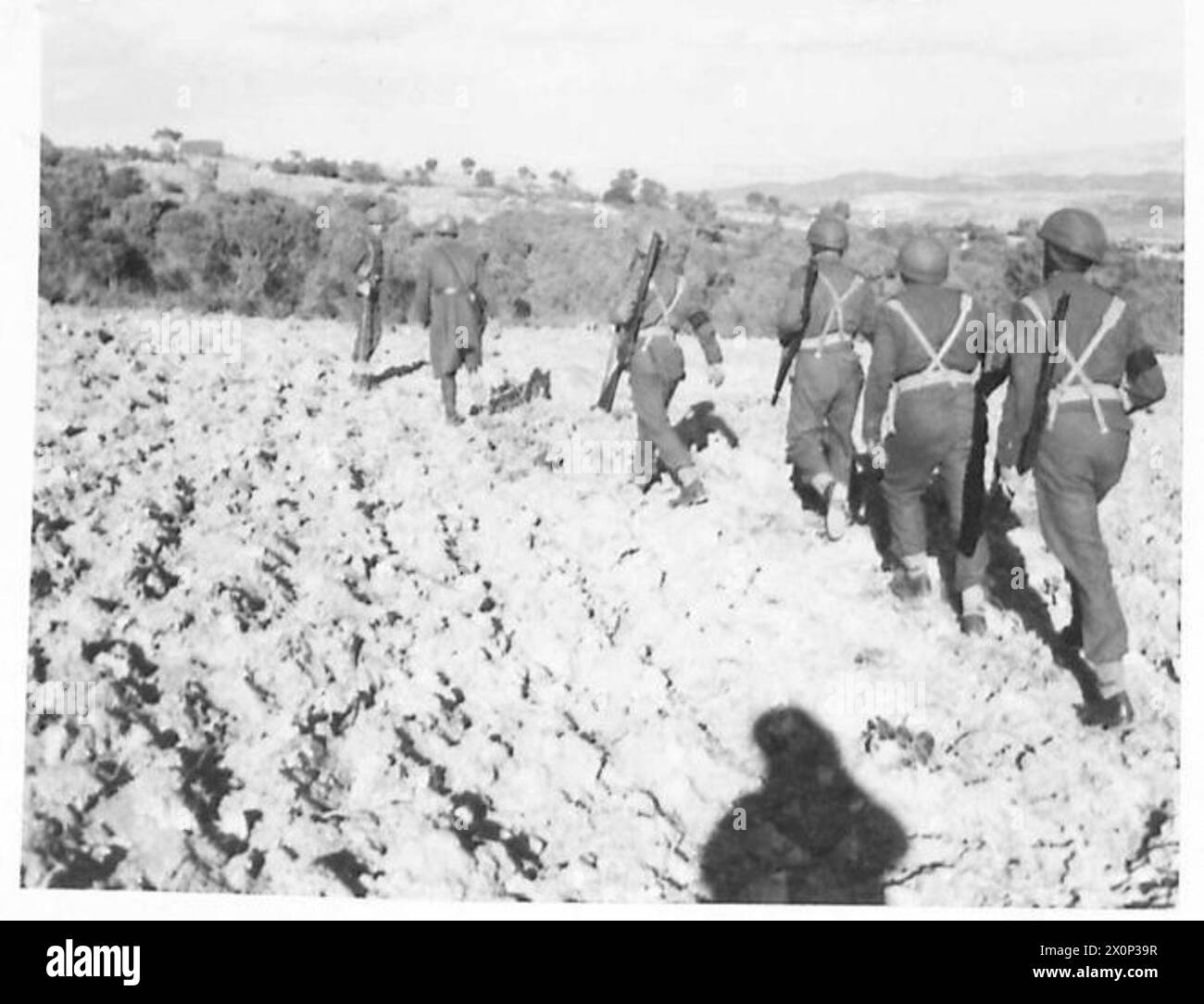 L'ARMÉE BRITANNIQUE DANS LA CAMPAGNE DE TUNISIE, NOVEMBRE 1942-MAI 1943 - la patrouille retourne à leur base après le raid. Deux sous-sections d'une compagnie de prévôt divisionnaire dirigée par le major Price APM et assistée d'un officier français et de deux policiers militaires français sont allés attaquer un village arabe situé dans la chaîne de montagnes qui sépare Teboursouk d'El Aroussa alors que des traînards allemands et italiens étaient soupçonnés de s'y cacher. Après avoir entouré l'endroit et fouillé chaque gobi (hutte) soigneusement les résultats étaient nuls, à l'exception d'un fusil français. Deux civils arabes ont été ramenés au QG pour Banque D'Images