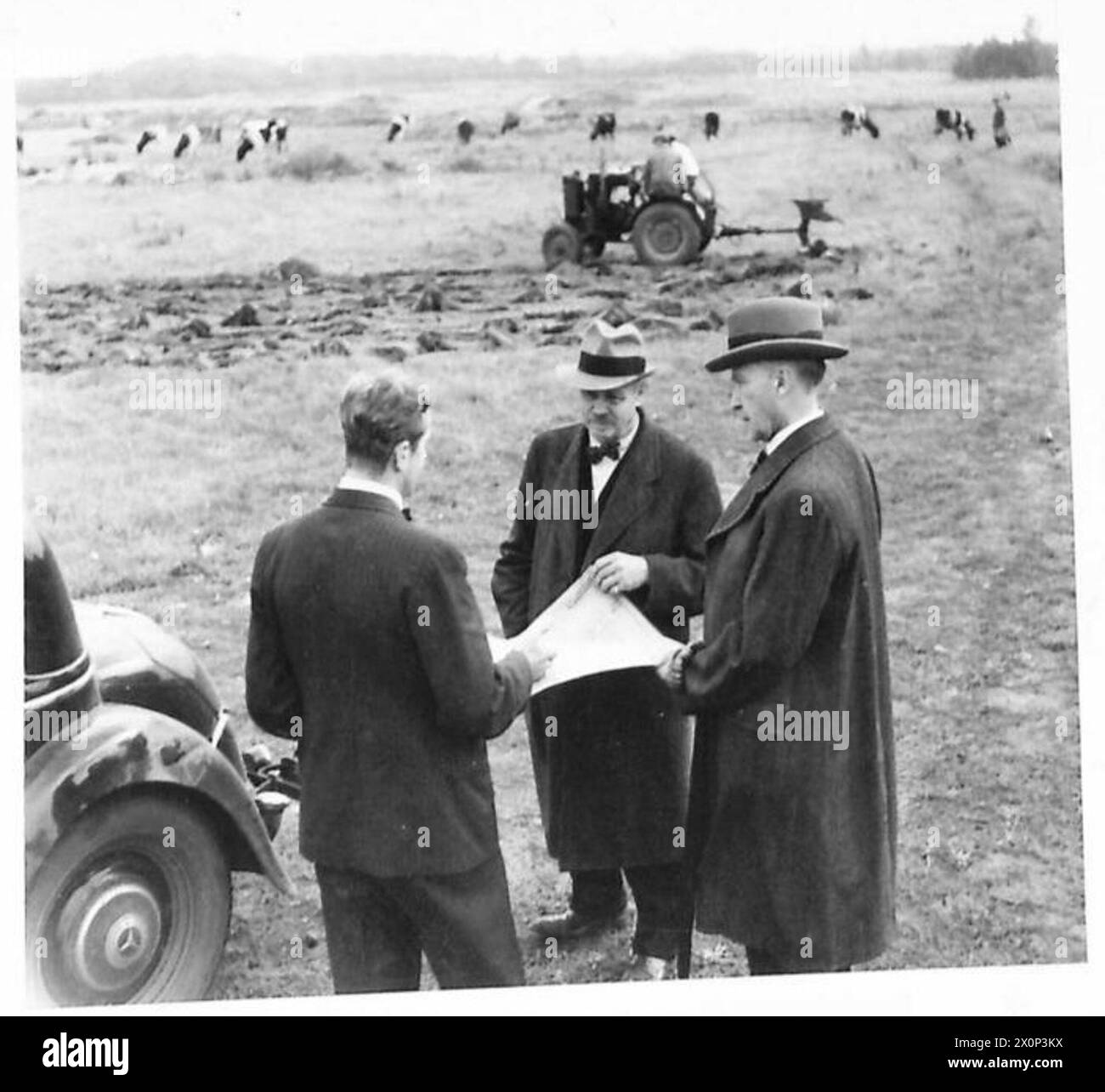 La photographie montre le Oberbürgermeister visitant la ceinture verte de Cologne, où des jardins et des parcs d’agrément sont labourés pour la plantation de cultures dans le cadre de la réorganisation de l’administration civile. L'image est un négatif photographique, associé à l'armée britannique du Rhin. Banque D'Images