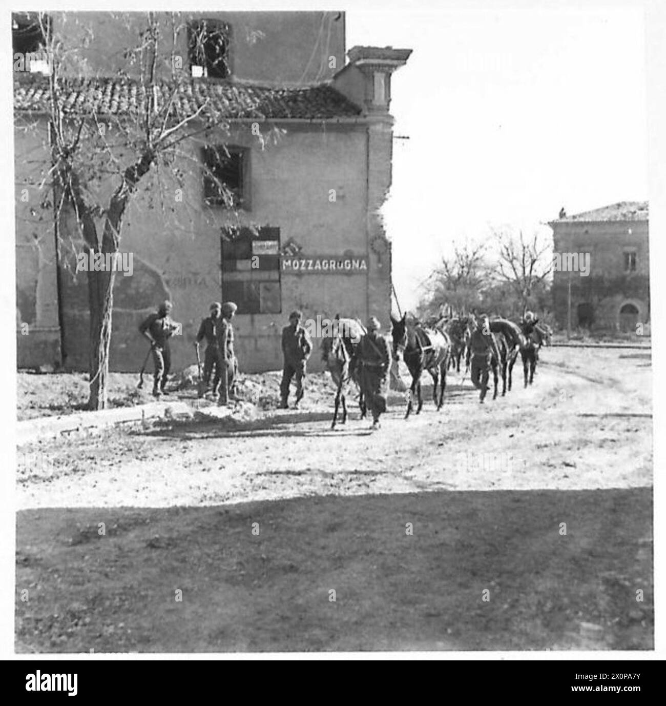 Mozzagrogna, la première ville au nord du Sangro à tomber aux mains des forces britanniques, reçoit un train muletier. Capturé dans un négatif photographique par l'armée britannique. Banque D'Images