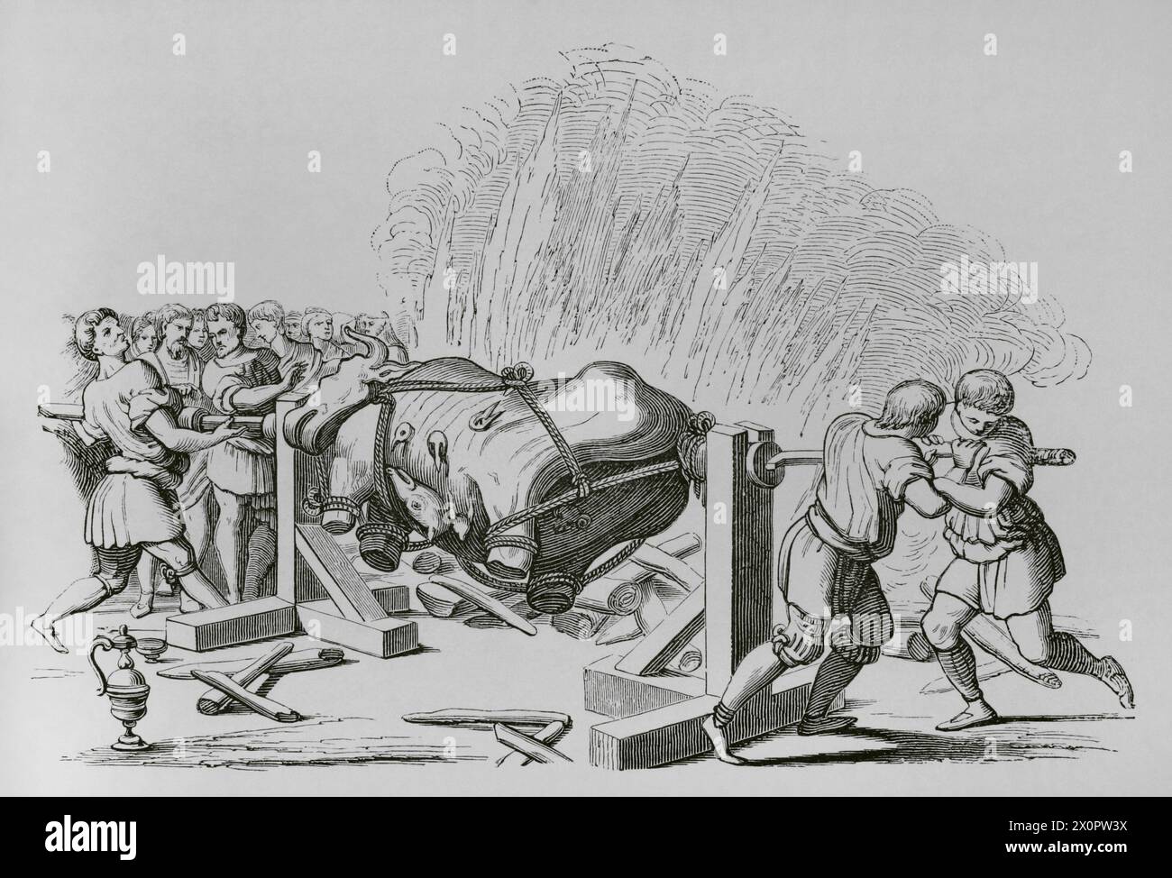 Distribution gratuite de pain, de viande et de vin à la population. Rôtir un bœuf. Procession de Charles V et du pape Clément VII après le couronnement de Charles en tant qu'empereur romain germanique à Bologne, 1530. Gravure d'après 'entrée solennelle de Charles-Quint et du Pape Clément VII, une Bologne'. « Moeurs, usages et costumes au moyen-âge et à l'époque de la Renaissance », de Paul Lacroix. Paris, 1878. Banque D'Images