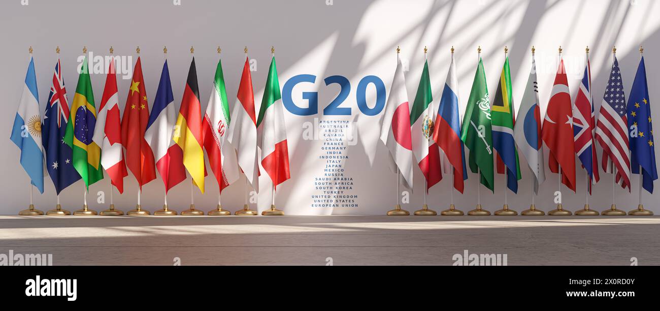 Sommet du G20 ou concept de réunion. Rangée des drapeaux de tous les membres du Groupe des vingt du G20 et liste des pays. illustration 3d. Banque D'Images