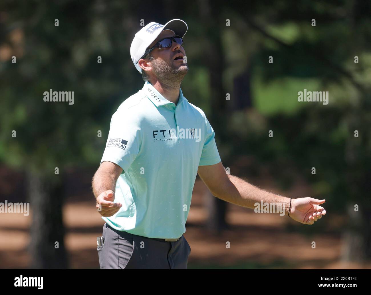 Augusta, États-Unis. 13 avril 2024. Le canadien Corey Conners réagit après avoir raté un putt sur le septième trou lors de la troisième ronde du tournoi des maîtres au Augusta National Golf Club à Augusta, en Géorgie, le samedi 13 avril 2024. Photo de Tannen Murray/UPI crédit : UPI/Alamy Live News Banque D'Images