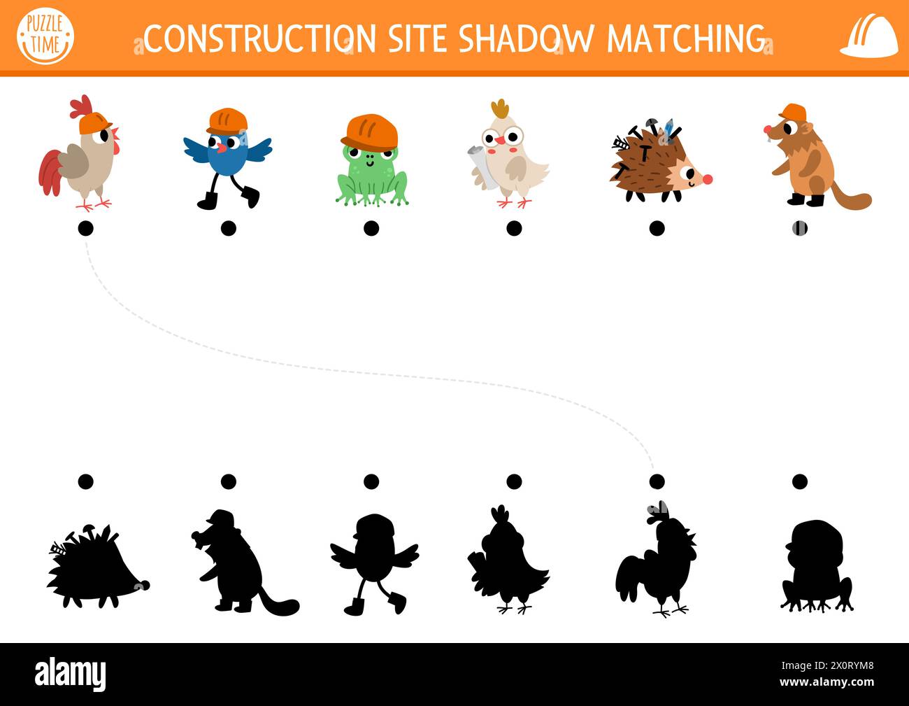 Activité d'appariement de l'ombre du chantier de construction avec des travailleurs d'animaux et d'oiseaux portant un casque de sécurité. Construire fonctionne puzzle avec des constructeurs drôles. Trouvez la silhouette correcte Illustration de Vecteur