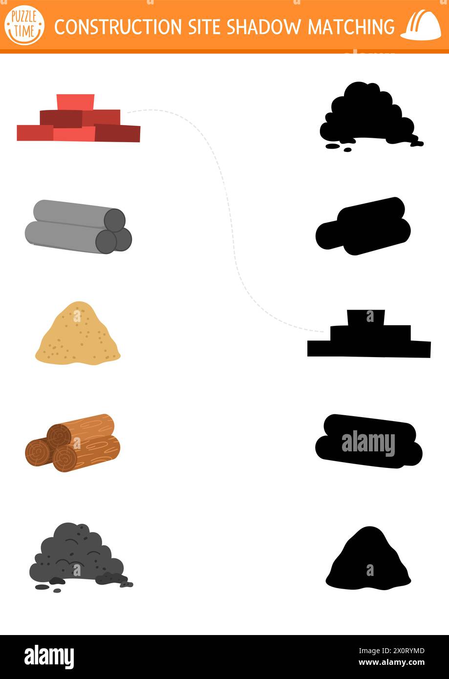 Activité de mise en correspondance de l'ombre du chantier de construction avec différents matériaux. Puzzle de travaux de construction avec brique, bois, tuyaux, sable, sol. Trouvez la silhouette correcte Illustration de Vecteur