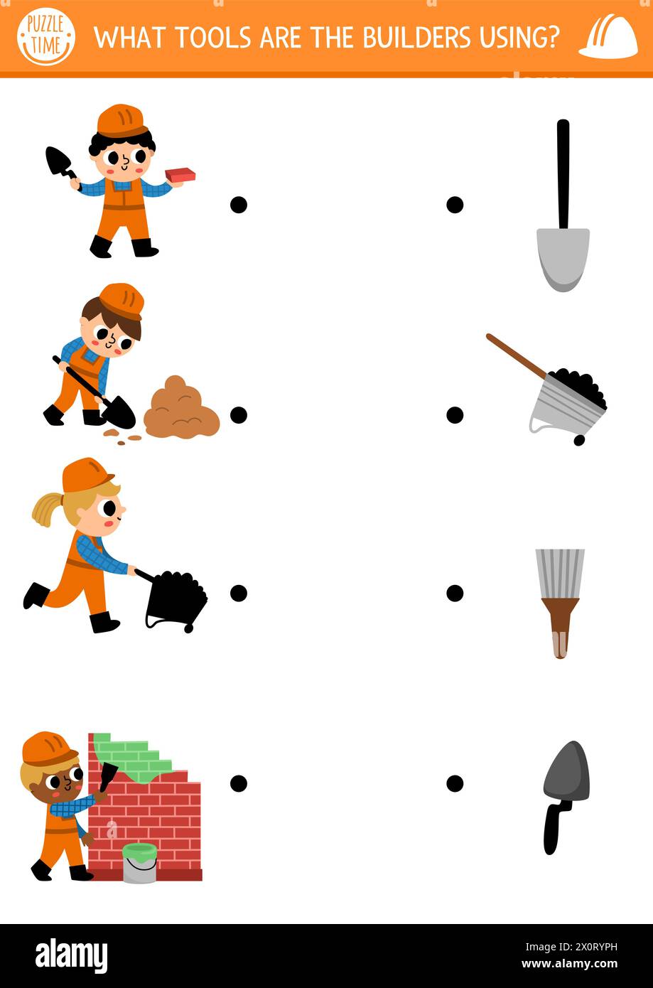 Activité d'appariement de l'ombre du chantier de construction avec les constructeurs et les outils. Puzzle de travaux de construction. Match le jeu de silhouette, feuille de travail imprimable. Service de réparation Illustration de Vecteur