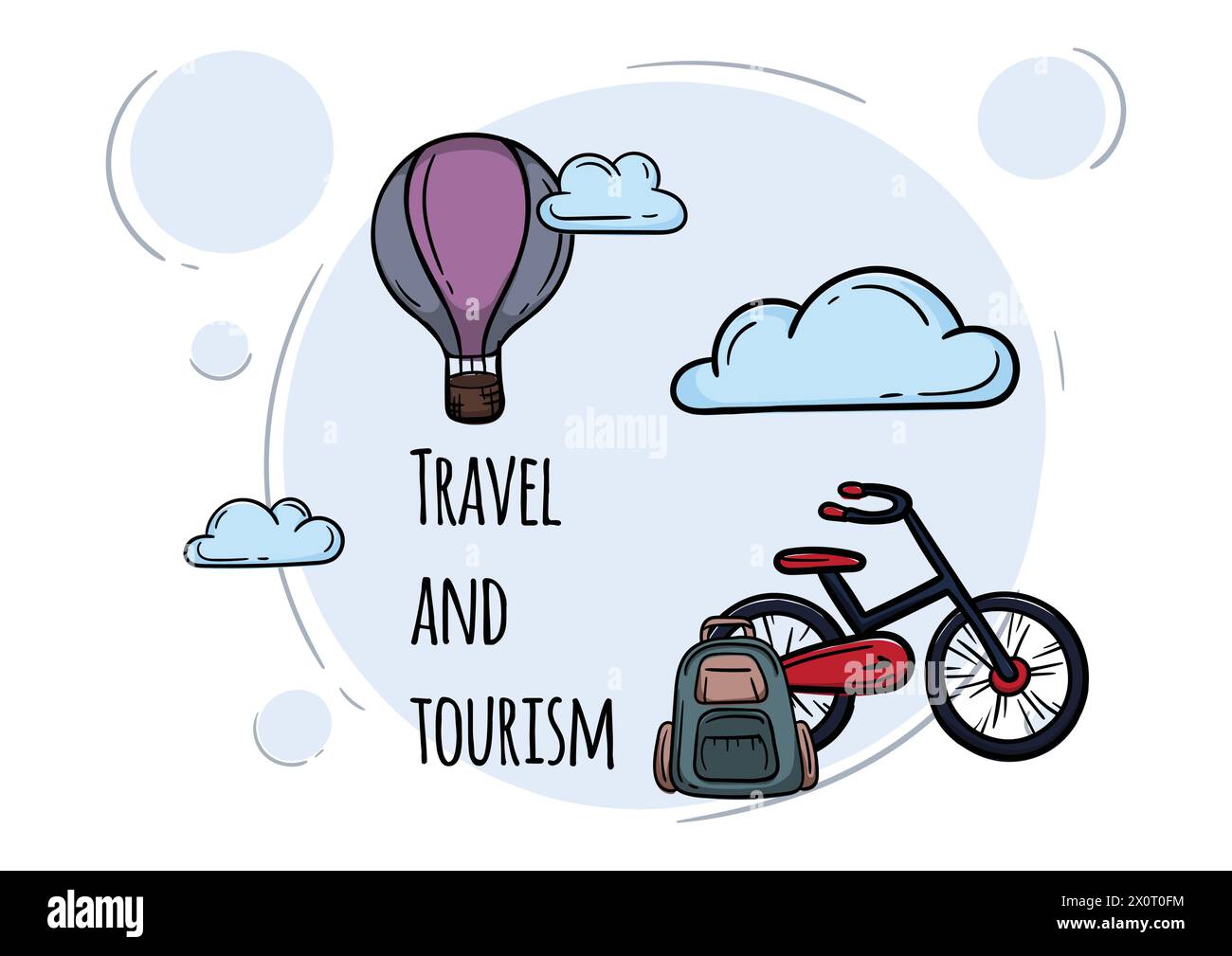 Voyages et tourisme. Illustration vectorielle lumineuse avec ballon, vélo et sac à dos Illustration de Vecteur