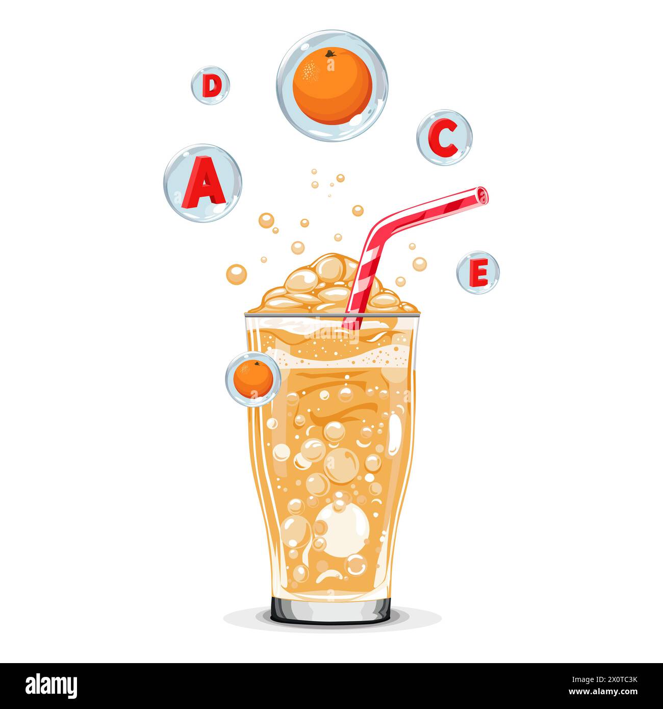 Cocktail d'oxygène rouge orange sain avec des bulles d'air. Illustration vectorielle isolée sur fond blanc. Boisson d'été pour la conception plate de cartes, flyer, b Illustration de Vecteur