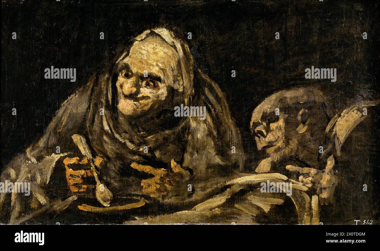 (Dos viejos comiendo sopa), Two Old Ones mangeant de la soupe, 1819–1823 les peintures noires (espagnol : Pinturas negras) est le nom donné à un groupe de 14 peintures de Francisco Goya datant des dernières années de sa vie, probablement entre 1819 et 1823. Ils dépeignent des thèmes intenses et obsédants, reflétant à la fois sa peur de la folie Francisco Goya Banque D'Images
