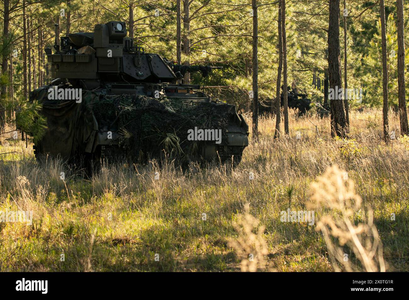 Un véhicule de combat M2A4 Bradley, affecté au 2e bataillon, 7e régiment d'infanterie, 1re brigade blindée équipe de combat, 3e division d'infanterie, tire la sécurité lors d'un assaut offensif vers un objectif critique pendant Marne Focus à Fort Stewart, Géorgie, le 12 avril 2024. Avant Marne Focus, la brigade a subi une certification rigoureuse des équipages et une formation collective critique pour certifier sa préparation à des opérations multi-domaines à grande échelle. (Photo de l'armée américaine par le sergent Duke Edwards) Banque D'Images