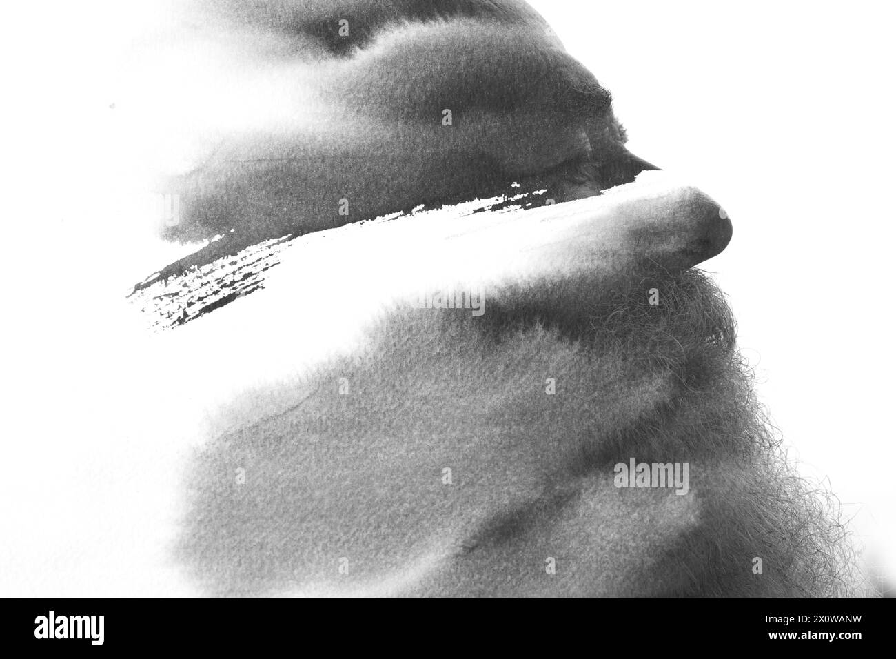 Un profil noir et blanc d'un homme qui s'estompe. Une paintographie Banque D'Images