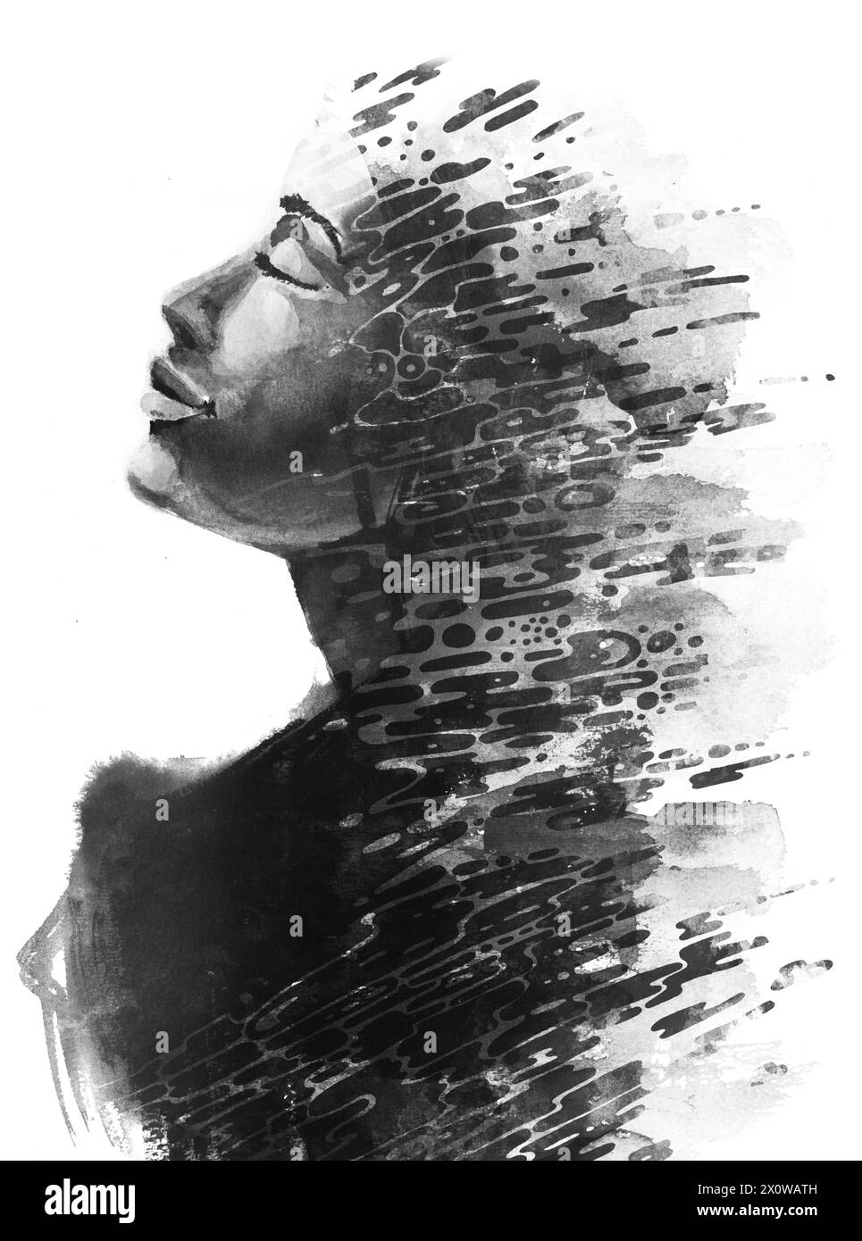 Portrait peint en noir et blanc double exposition du profil d'une femme Banque D'Images