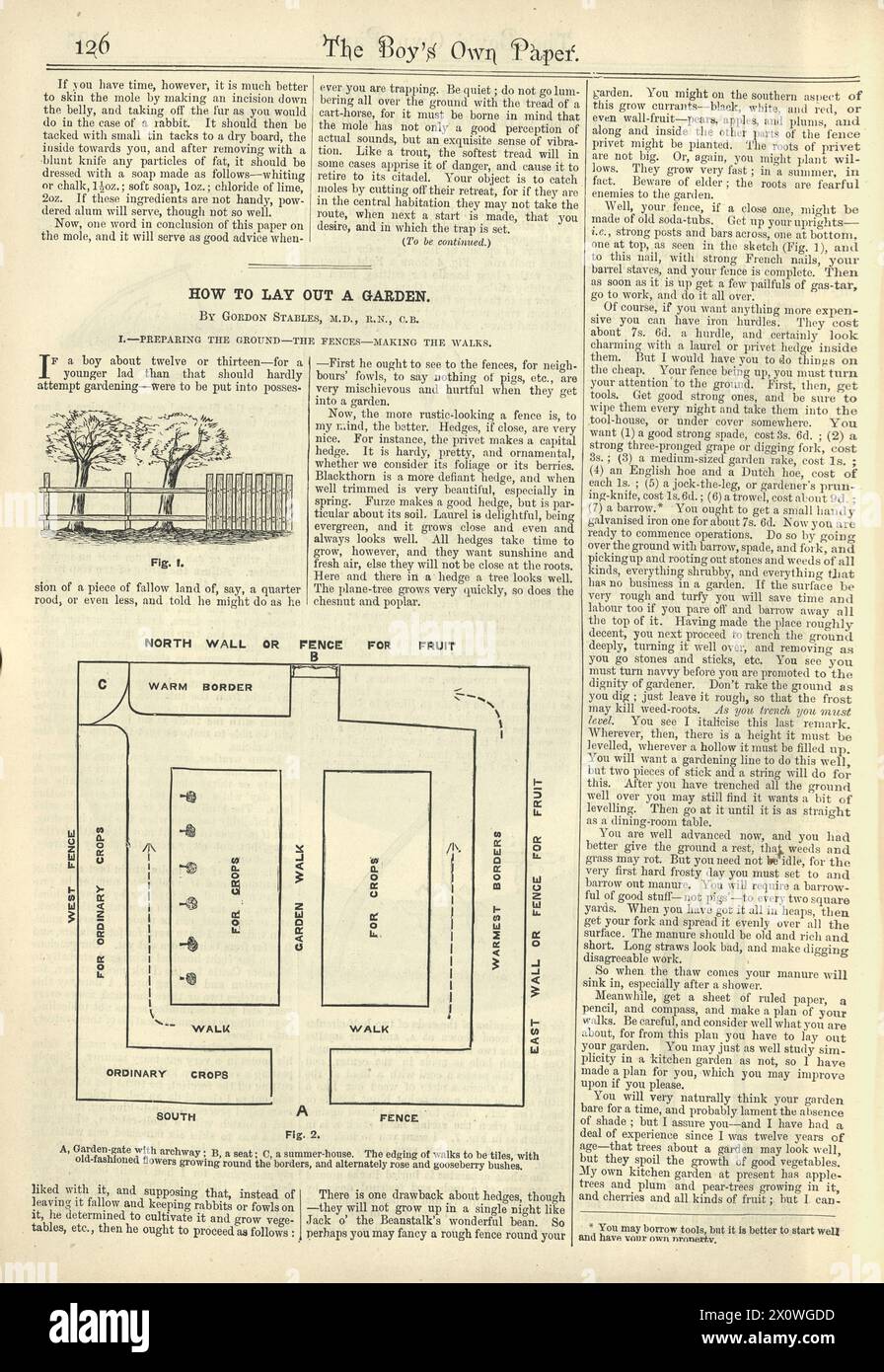 Comment aménager un jardin, histoire du jardinage, victorien 19ème siècle, page Vintage Boy's Own Paper Banque D'Images