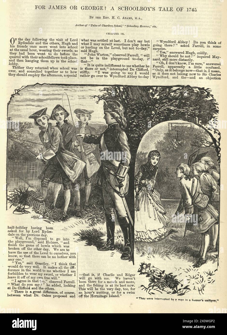 Vintage illustration Groupe de jeunes hommes pêchant interrompu par un soldat, montée jacobite de l'ère 1745, XVIIIe siècle Banque D'Images