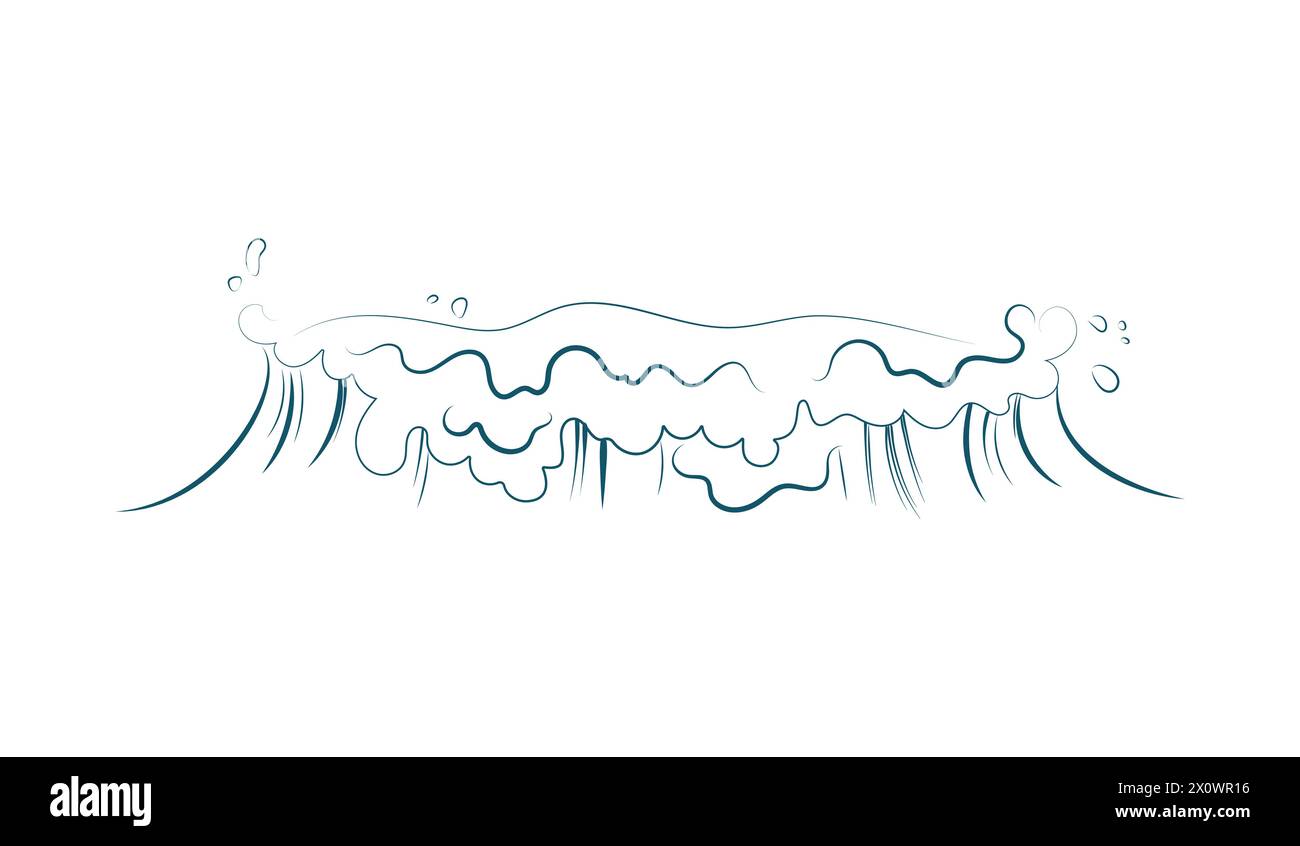 Esquisse de ligne de vague de tempête de mer ou d'océan, vue de face de l'illustration vectorielle de marée tsunami Illustration de Vecteur