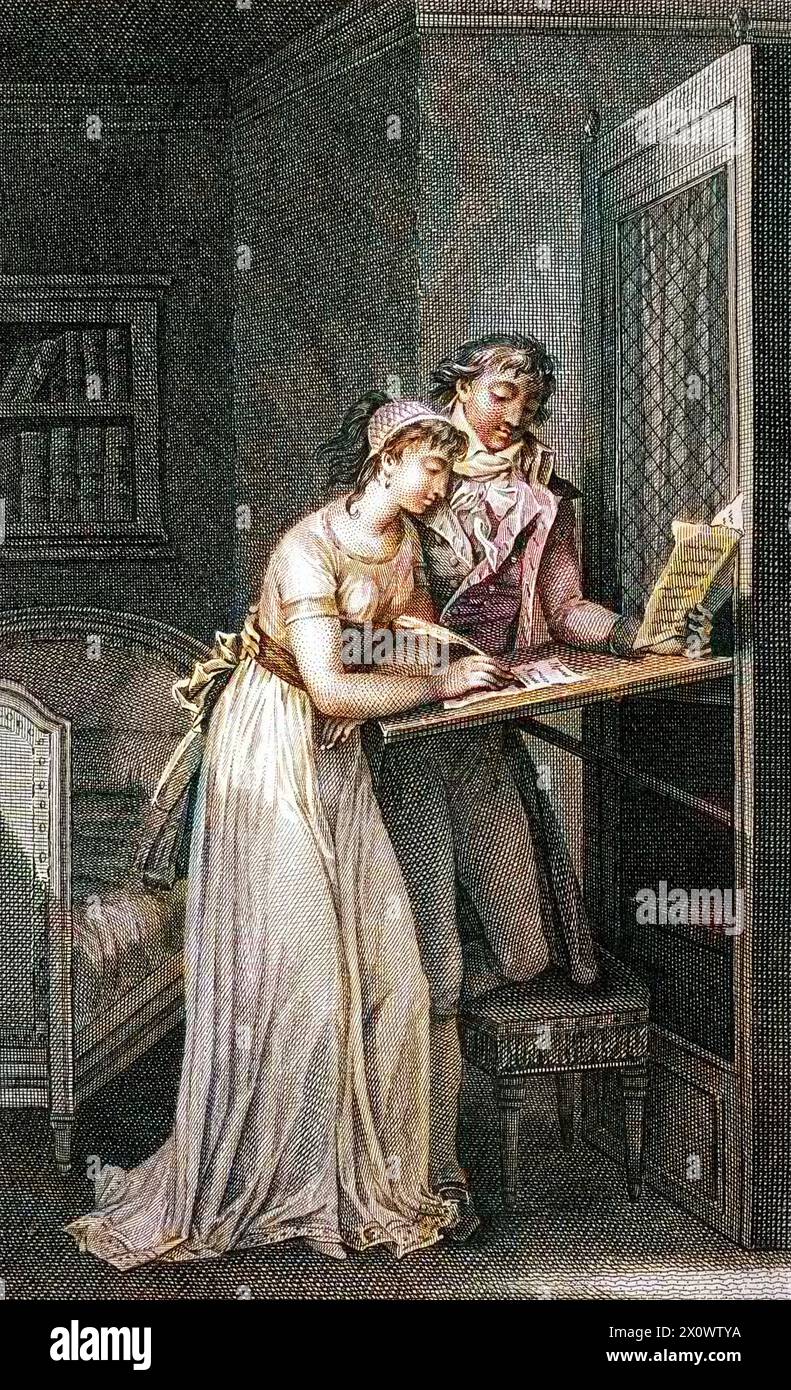 Illustration du livre 'liaisons dangereuses' de Choderlos de Laclos (1741 - 1803). Gravure du début du XIXe siècle. Valmont dictant une lettre à Cécile - gravure de Marguerite Gérard Banque D'Images