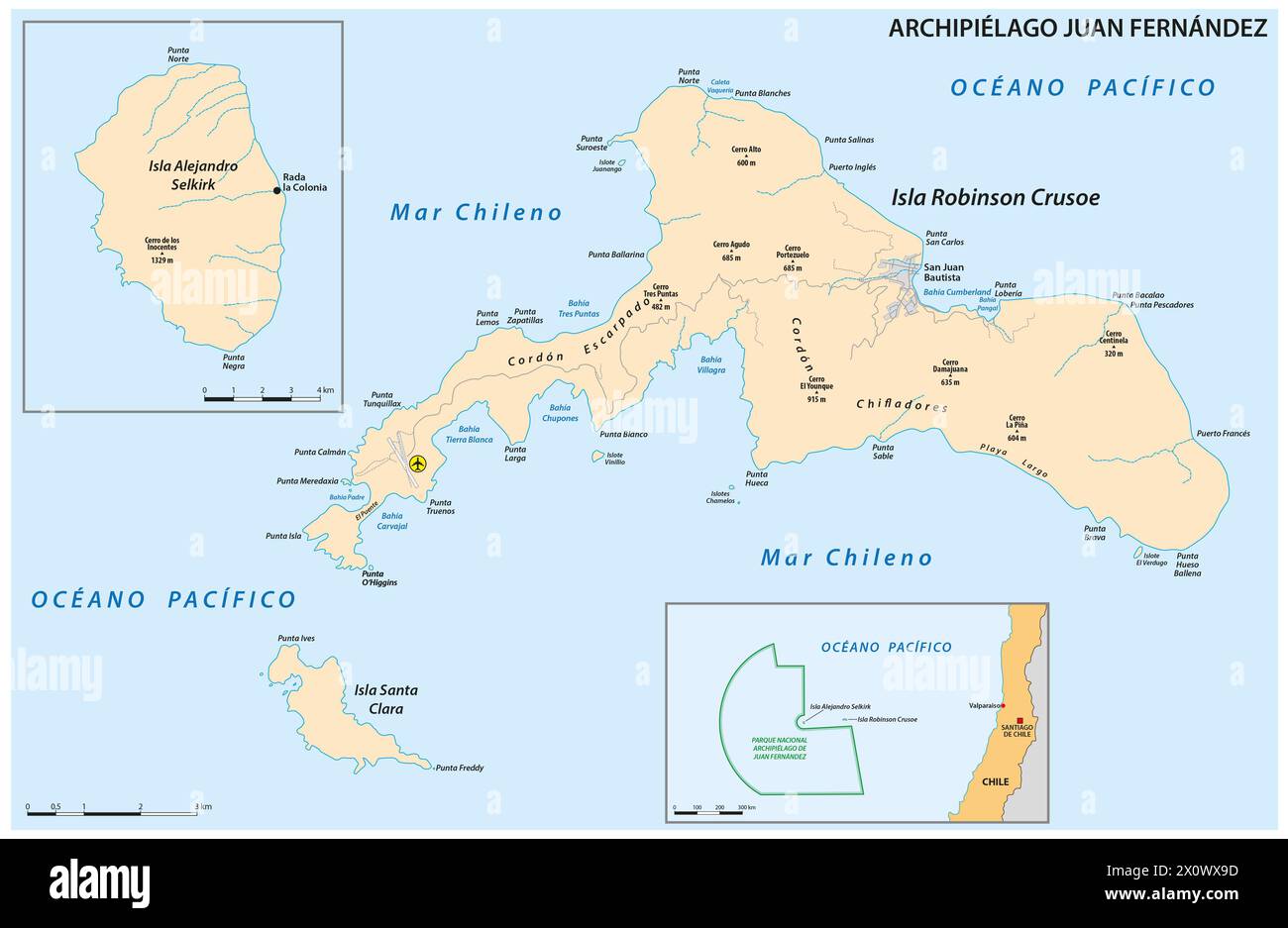 Carte vectorielle de l'archipel chilien des îles Juan Fernandez Banque D'Images
