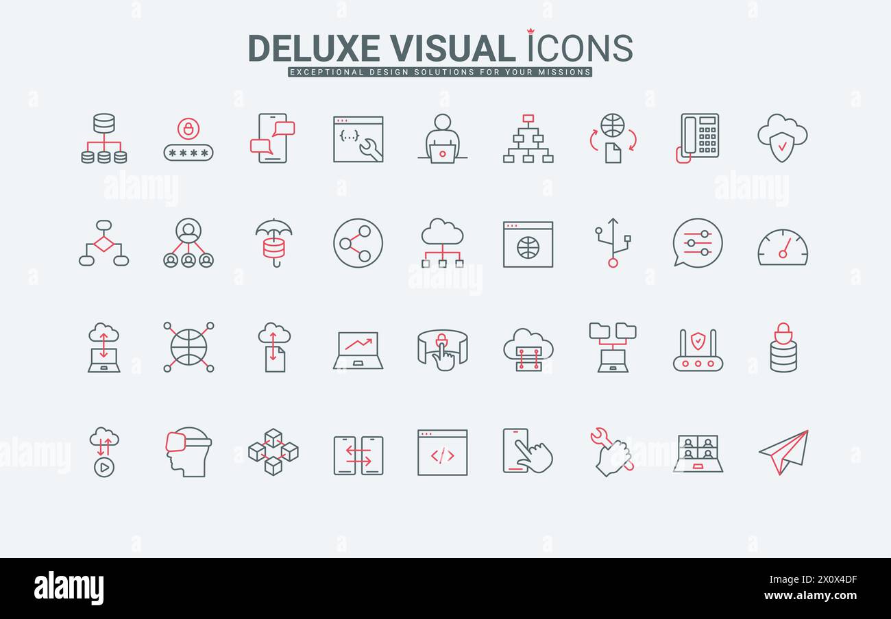 Système de données réseau et icônes de ligne d'architecture définies. Modèle d'organigramme et algorithme, fenêtre de navigateur et paramètres de l'application mobile, tests de nuage minces symboles de contour noir et rouge, illustration vectorielle Illustration de Vecteur
