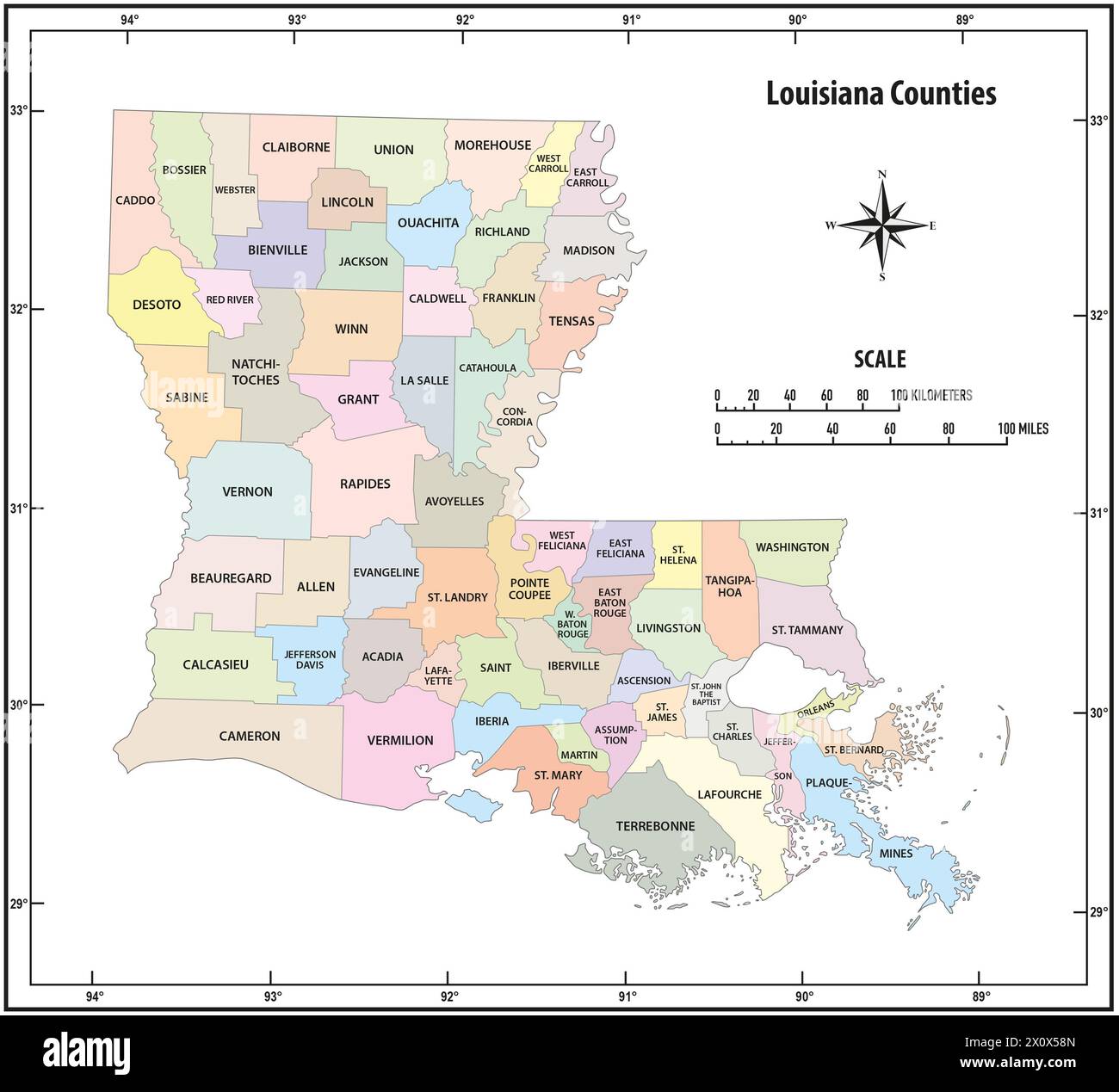 Carte de contour de l'état de Louisiane en couleur Banque D'Images