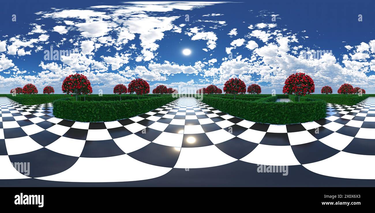 HDRI. Labyrinthe. Échecs, arbres, fleurs rouges, nuages dans le ciel. Alice au pays des merveilles thème. Panorama sphérique complet 360 degrés. Illustration de rendu 3D. Banque D'Images