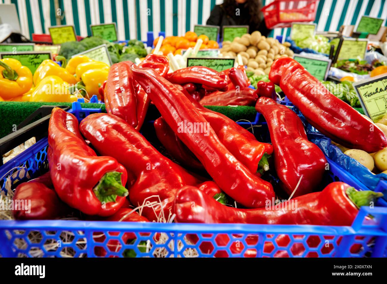 Reichhaltige Obst- und Gemüseauswahl an einem Marktstand. Banque D'Images
