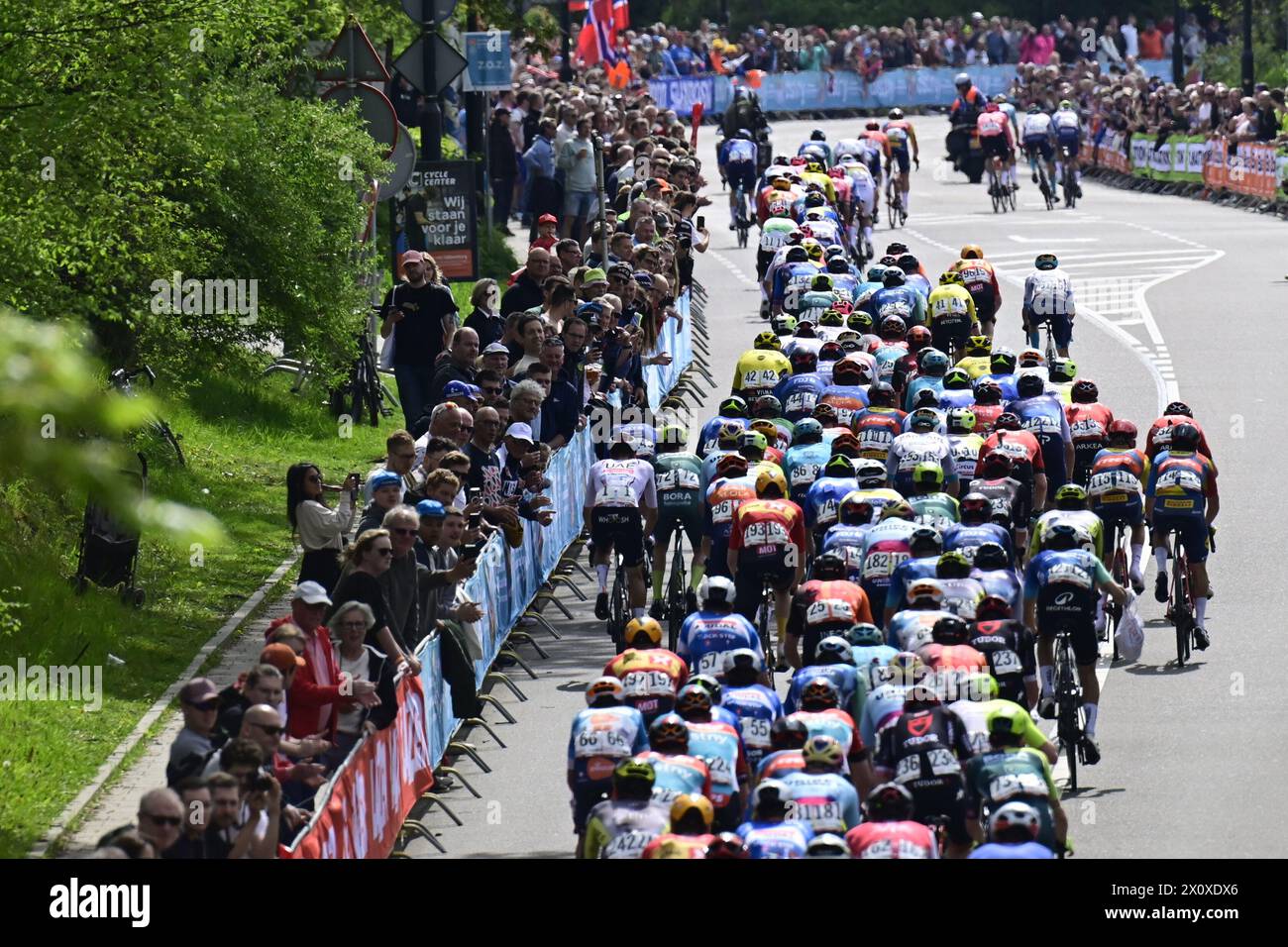 Valkenburg, pays-Bas. 14 avril 2024. Le peloton de coureurs photographié en action lors de la course cycliste d'une journée d'élite masculine 'Amstel Gold Race', 253, à 6 km de Maastricht à Valkenburg, pays-Bas, dimanche 14 avril 2024. BELGA PHOTO DIRK WAEM crédit : Belga News Agency/Alamy Live News Banque D'Images