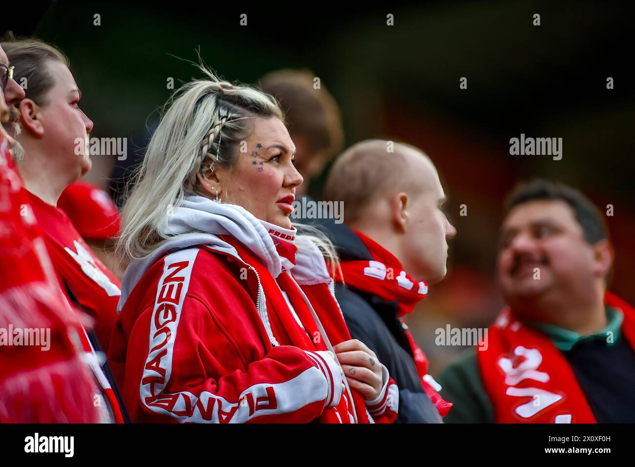 Fredrikstad, Norvège, 13 avril 2024. Star supporter lors du match Eliteserien entre Fredrikstad et Sarpsborg 08 au stade Fredrikstad. Crédit : Frode Arnesen/Alamy Live News Banque D'Images