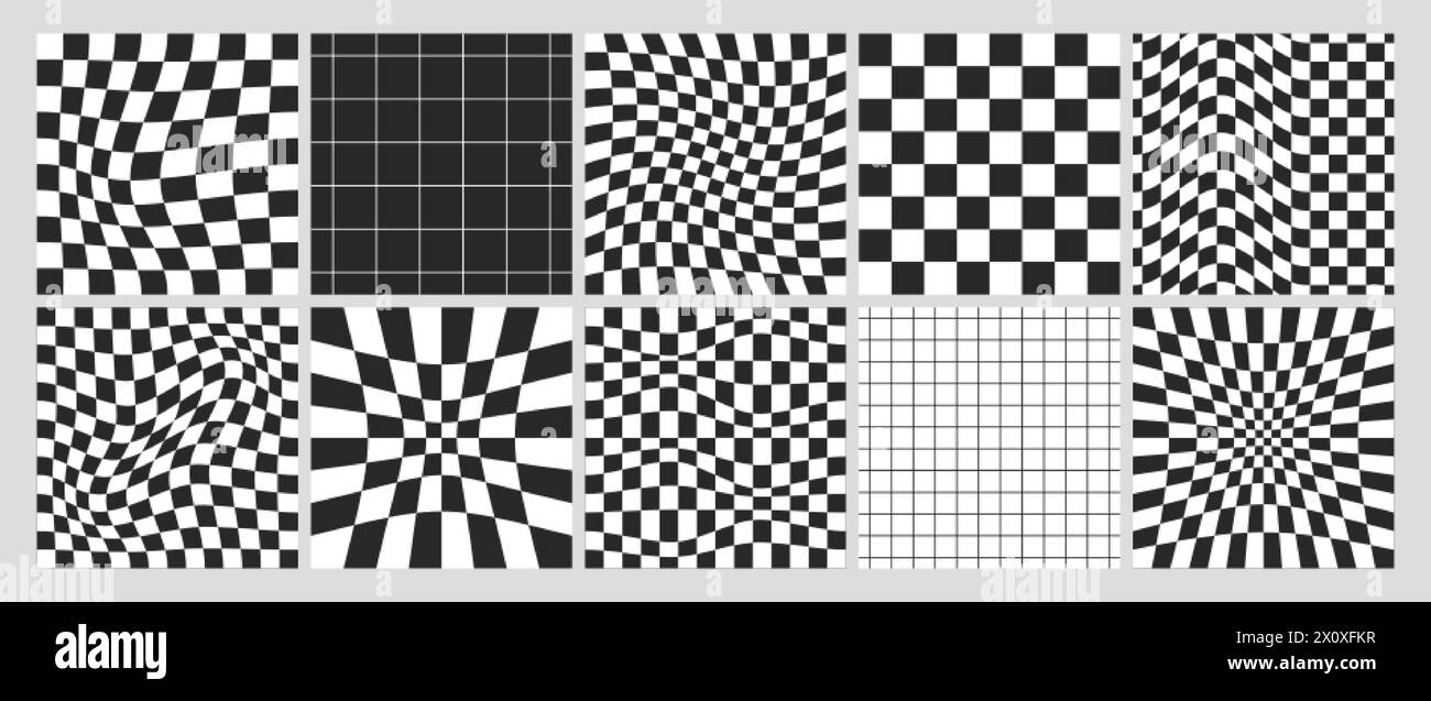 Damiers psychédéliques carrés avec carreaux de grille blancs et noirs déformés. Motif géométrique sans couture à carreaux dans le style y2k. Fonds d'échiquier déformés avec effet de distorsion et illusion d'optique. Illustration de Vecteur