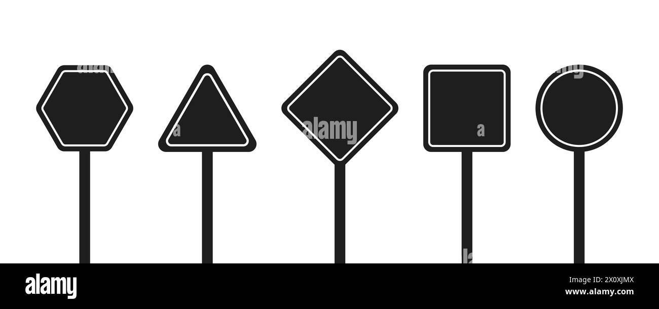 Ensemble de panneaux routiers noirs ronds, carrés, rhombiques, triangulaires et hexagonaux. Illustration vectorielle des icônes pour avertir de la situation sur la route. WH Illustration de Vecteur
