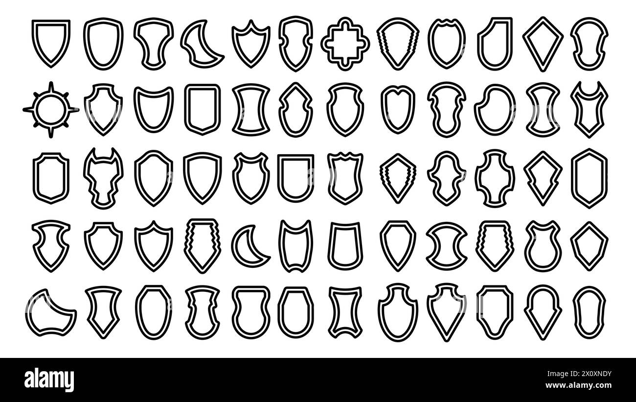 Emblème de contour de silhouette de protection de collection. Ensemble d'icône de contour de bouclier héraldique noir. Illustration vectorielle. Illustration de Vecteur