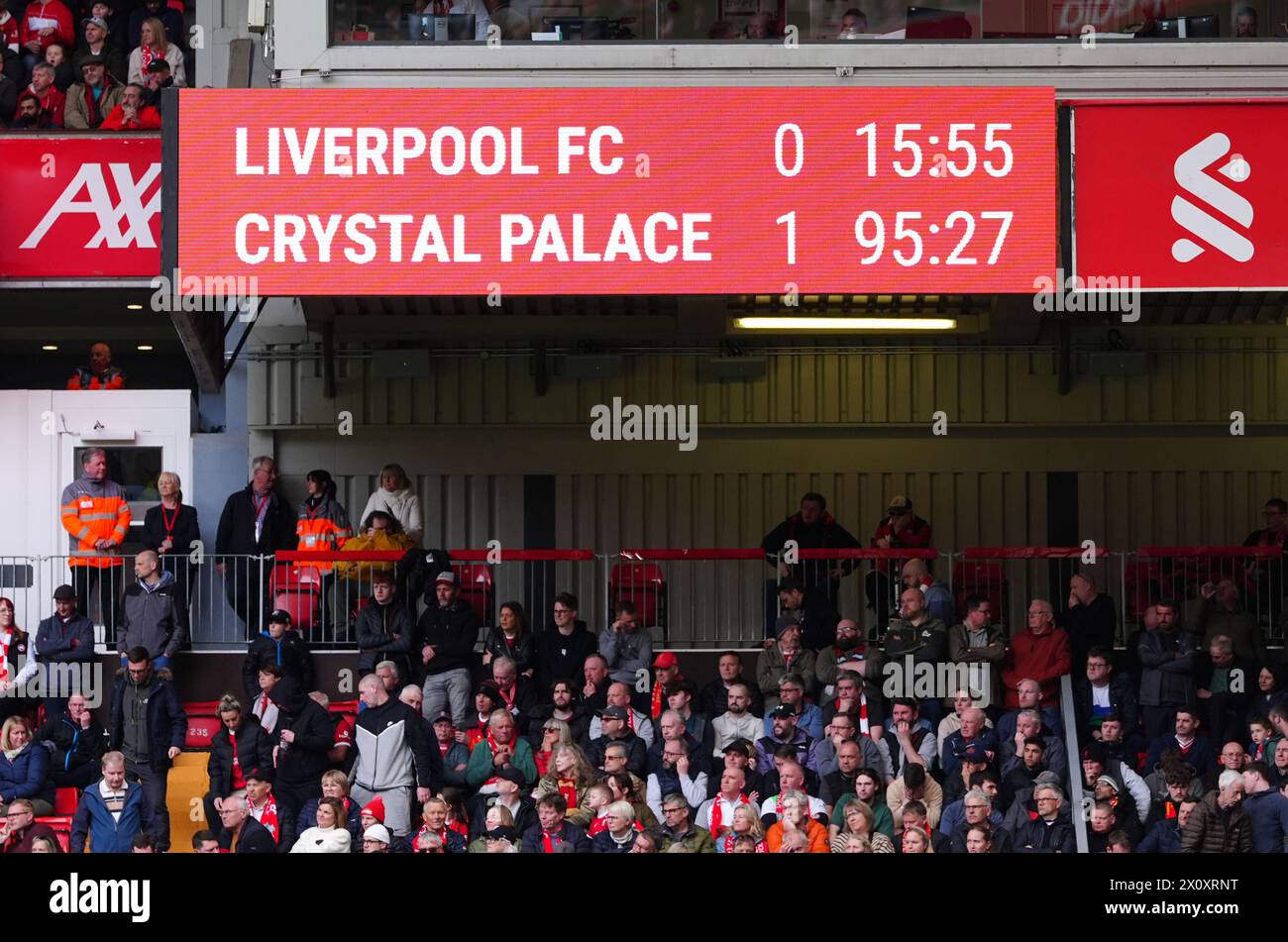 Une vue générale du tableau de bord à temps plein en lisant Liverpool 0 - 1 Crystal Palace pendant le match de premier League à Anfield, Liverpool. Date de la photo : dimanche 14 avril 2024. Banque D'Images