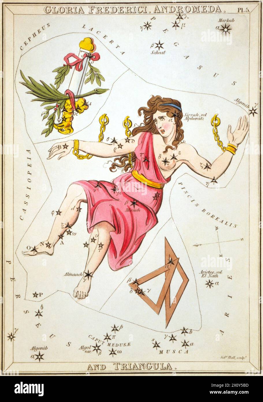 Gloria Frederici, Andromède et Triangula, planche 5 dans le miroir d'Urania, un ensemble de cartes célestes accompagnées d'Un traité familier sur l'astronomie ... Par Jehoshaphat Aspin. Londres. Carte astronomique montrant les constellations d'Andromède, Triangula - Banque D'Images