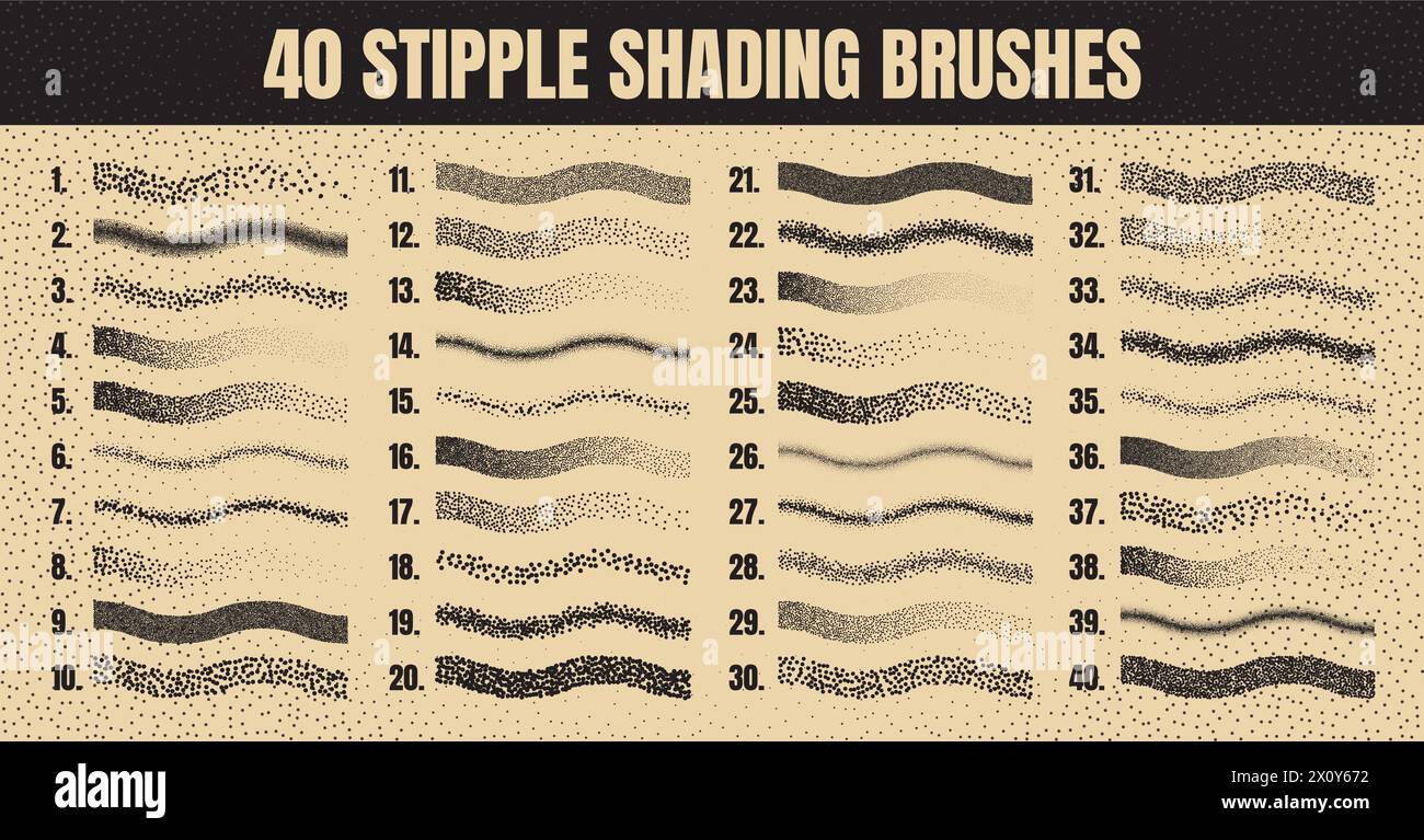 Pinceau dispersé à stipple, dessin à l'encre et texturation. Dégradé de fondu. Pointillés, dessin dotwork, ombrage à l'aide de points. Effet de désintégration des demi-tons Illustration de Vecteur