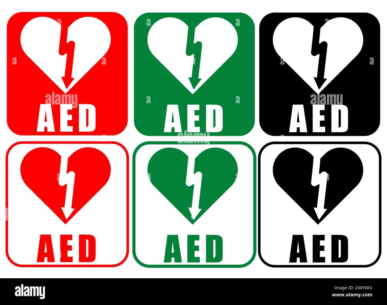 Icônes ou graphiques de DAE médical avec coloris rouge, vert et noir, graphique de crise cardiaque Illustration de Vecteur