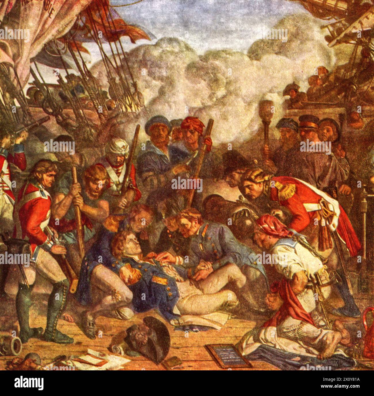 'La mort de Nelson', 1859-64 (détail). Par Daniel Maclise (1806-1870). 'La mort de Nelson', est une peinture murale de la Royal Gallery du Palais de Westminster, Londres. La bataille de Trafalgar est un engagement naval mené par la Royal Navy britannique contre les flottes combinées des marines française et espagnole, pendant la guerre de la troisième coalition des guerres napoléoniennes. La Royal Navy dirigée par l'amiral Lord Nelson à bord du HMS Victory bat la coalition française et espagnole dirigée par l'amiral Villeneuve. Au cours de la bataille, Nelson est abattu par un mousquetaire français et meurt. Banque D'Images