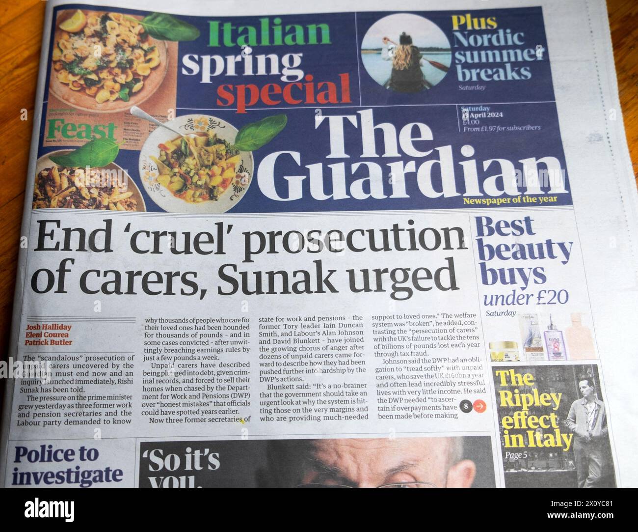 « Mettre fin aux poursuites « cruelles » contre les soignants, a exhorté Sunak » le journal Guardian titre couverture scandale des soignants non rémunérés article 13 avril 2024 Londres Angleterre Royaume-Uni Banque D'Images