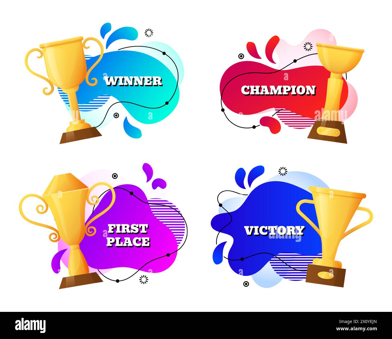 Bannière gagnante. Coupe du championnat d'or et texte. prix sur fond de conception abstrait, emblèmes colorés de blobs. Cadre bulle, icônes de réussite. Trophée du tournoi. Publication sur les réseaux sociaux. Ensemble isolé de vecteur Illustration de Vecteur