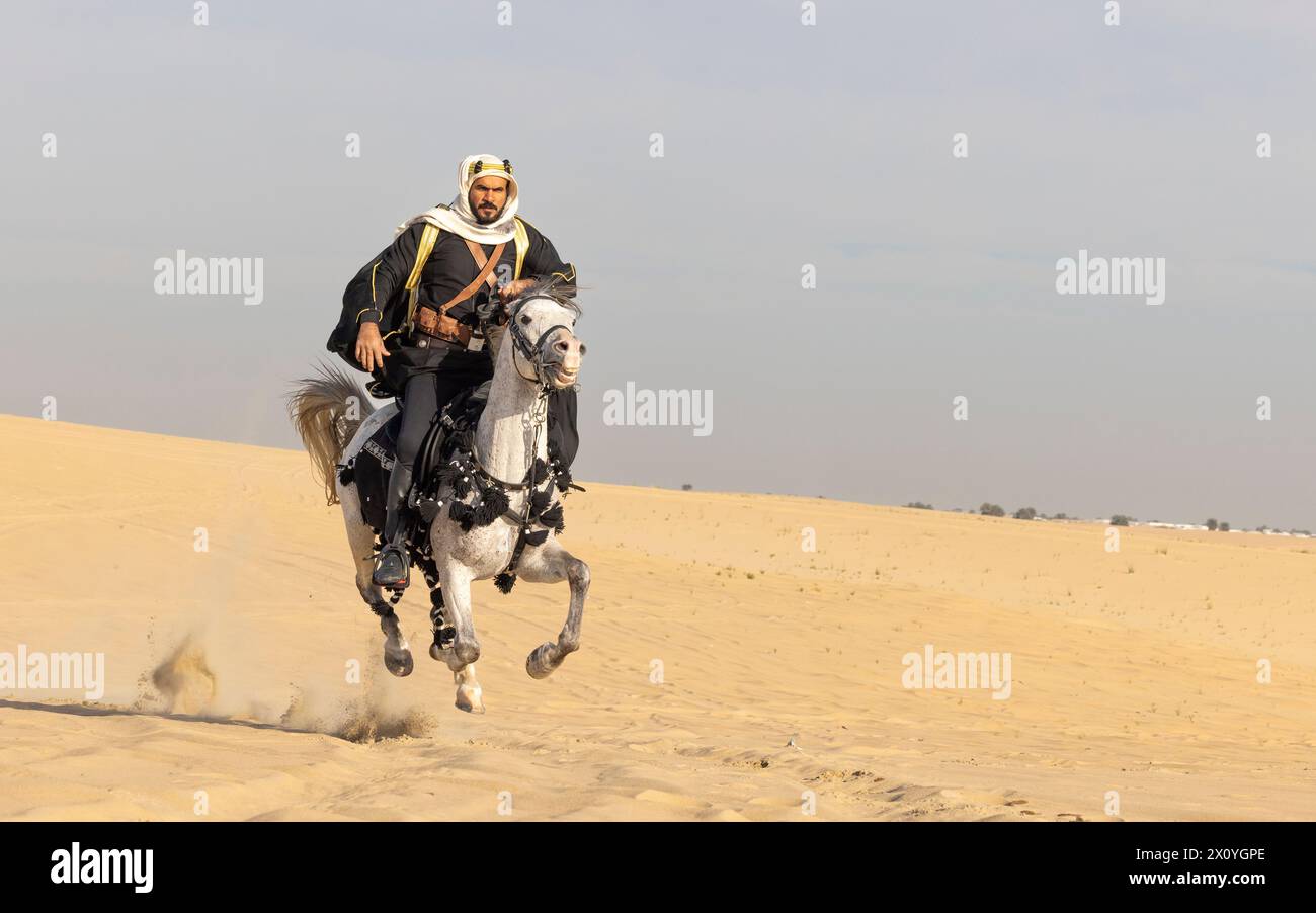 Homme saoudien en vêtements traditionnels avec son étalon blanc Banque D'Images