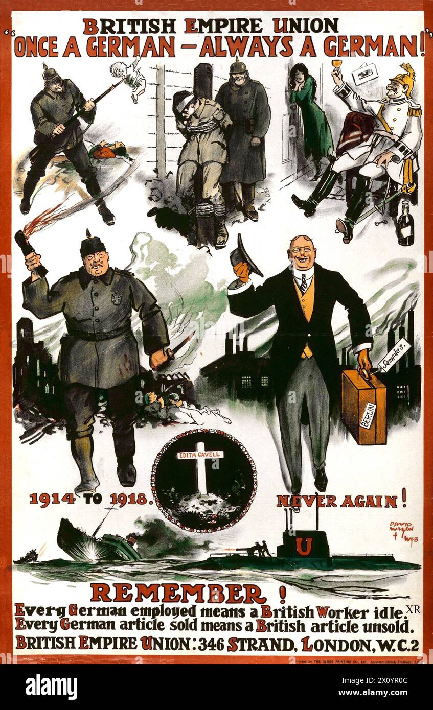 Une affiche anti-allemande de l'Union de l'Empire britannique après la première Guerre mondiale, incluant la tombe de Cavell Banque D'Images
