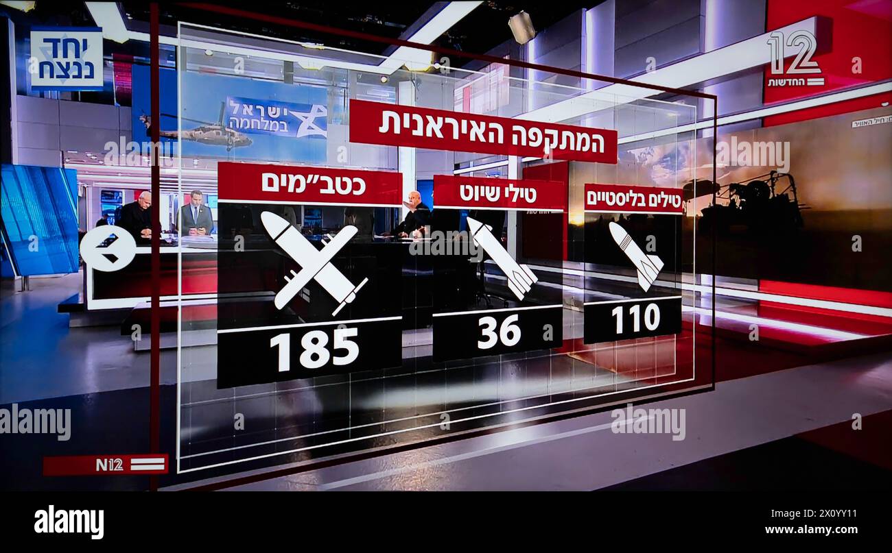 Capture d'écran du bulletin de nouvelles télévisé israélien 'Channel 12' pendant la nuit dans laquelle 331 missiles de croisière et drones ont été lancés en Israël par l'Iran Banque D'Images