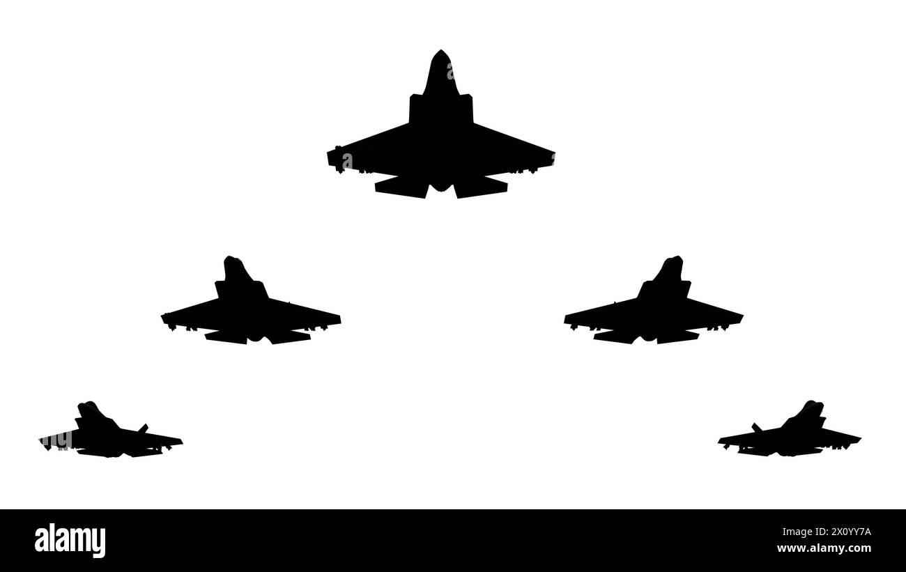rendu 3d des silhouettes de chasseurs à réaction flyng sur fond blanc Banque D'Images