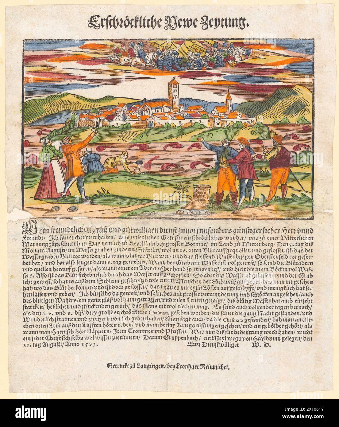 Gravure sur bois allemande vintage, XVIe siècle représentant des phénomènes célestes et naturels. Rapport sur l'eau rouge sang dans le fossé autour de la ville de Beilstein (Württemberg) en août 1583, probablement une forte floraison d'algues rouges (Rhodophyceae). Source : Zentralbibliothek Zürich, pas II 20/5 Banque D'Images