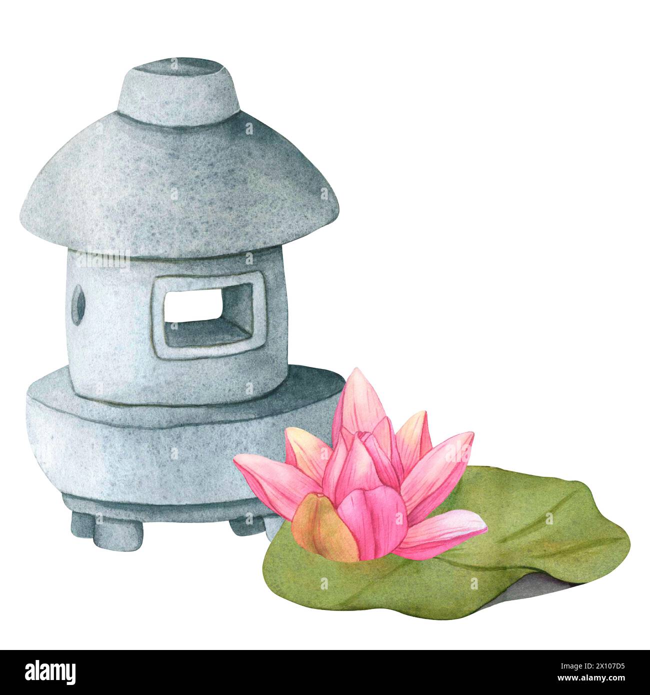 Lanterne en pierre et bourgeons Lotus rose pour le jardin japonais isolé. Sculpture d'illustration d'aquarelle dessinée à la main et nénuphar tropical. Japonais Banque D'Images