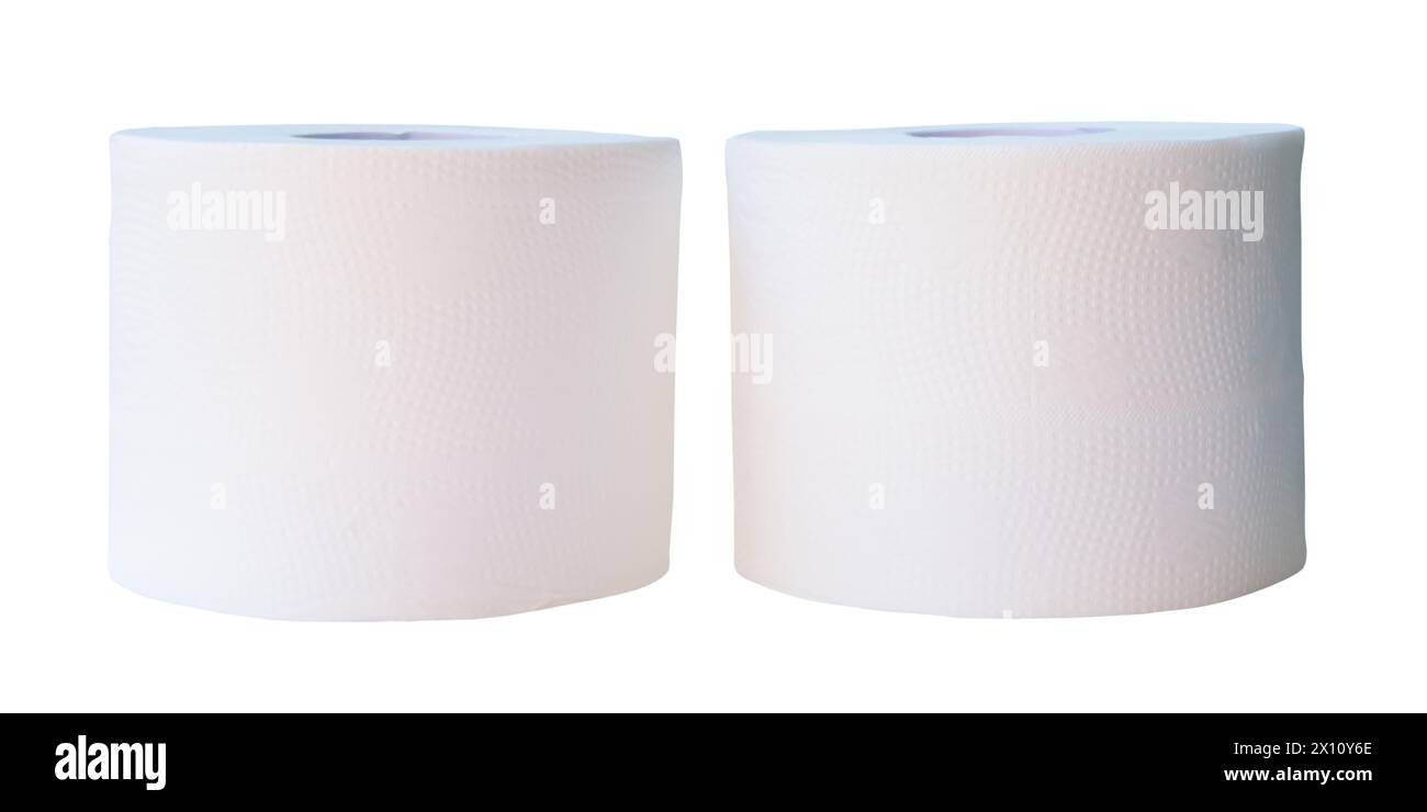 Vue de face ou vue de côté ensemble de papier de soie ou de papier toilette en rouleaux est isolé sur fond blanc avec chemin de découpage. Banque D'Images