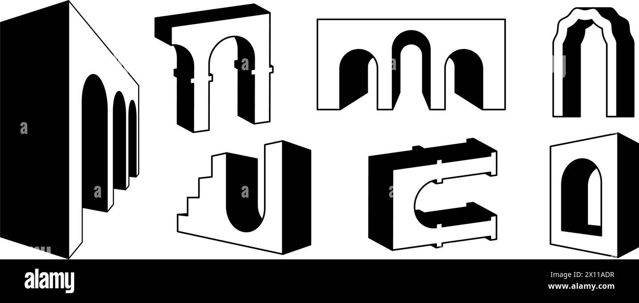 Ensemble d'arcs linéaires surréalistes en perspective. Outline amusante collection d'éléments géométriques. Nef 3d audacieux, arc, porte, faisceau de dôme. Trippy Shapes bundle pour collage, affiche, bannière, autocollant. Pack d'art vectoriel Illustration de Vecteur