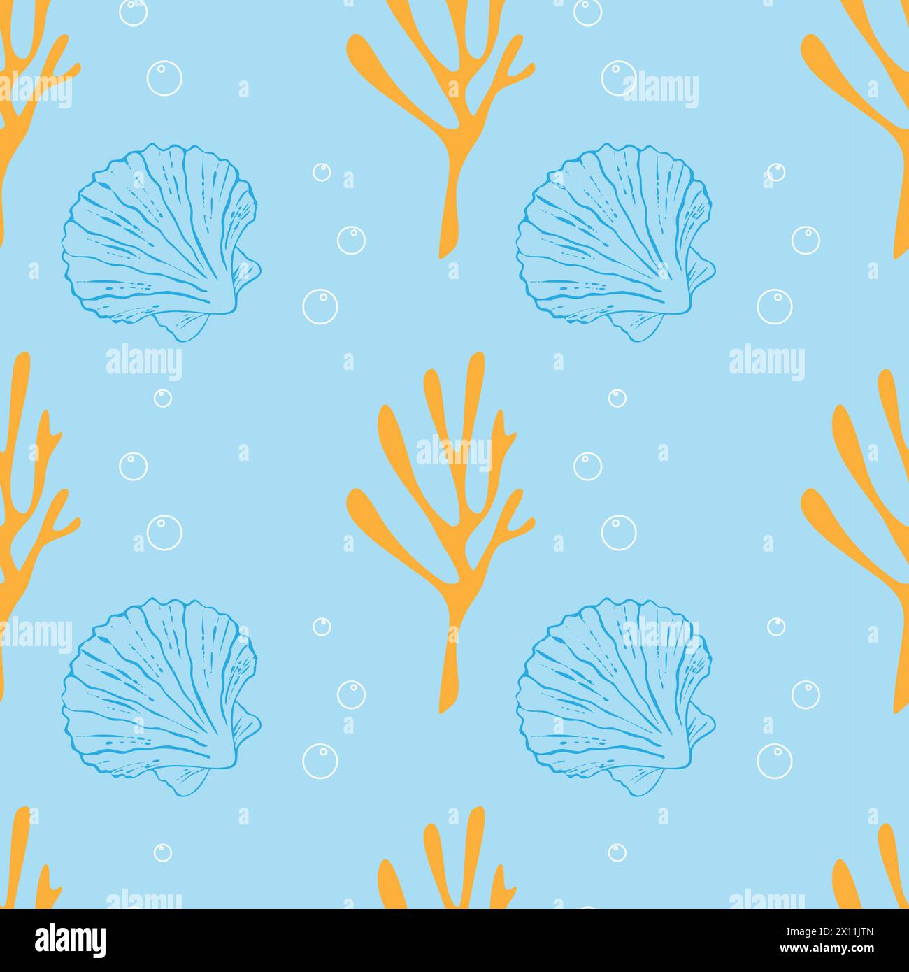 Motif océan marin avec coraux orange et bulles d'air, coquillages de contour bleu sur fond bleu pastel. Illustration vectorielle Illustration de Vecteur