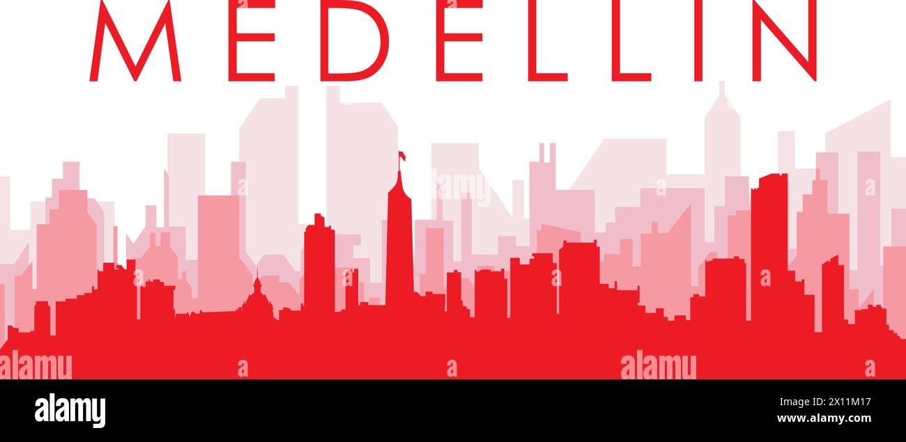 Affiche rouge panoramique de la ville de MEDELLIN, COLOMBIE Illustration de Vecteur