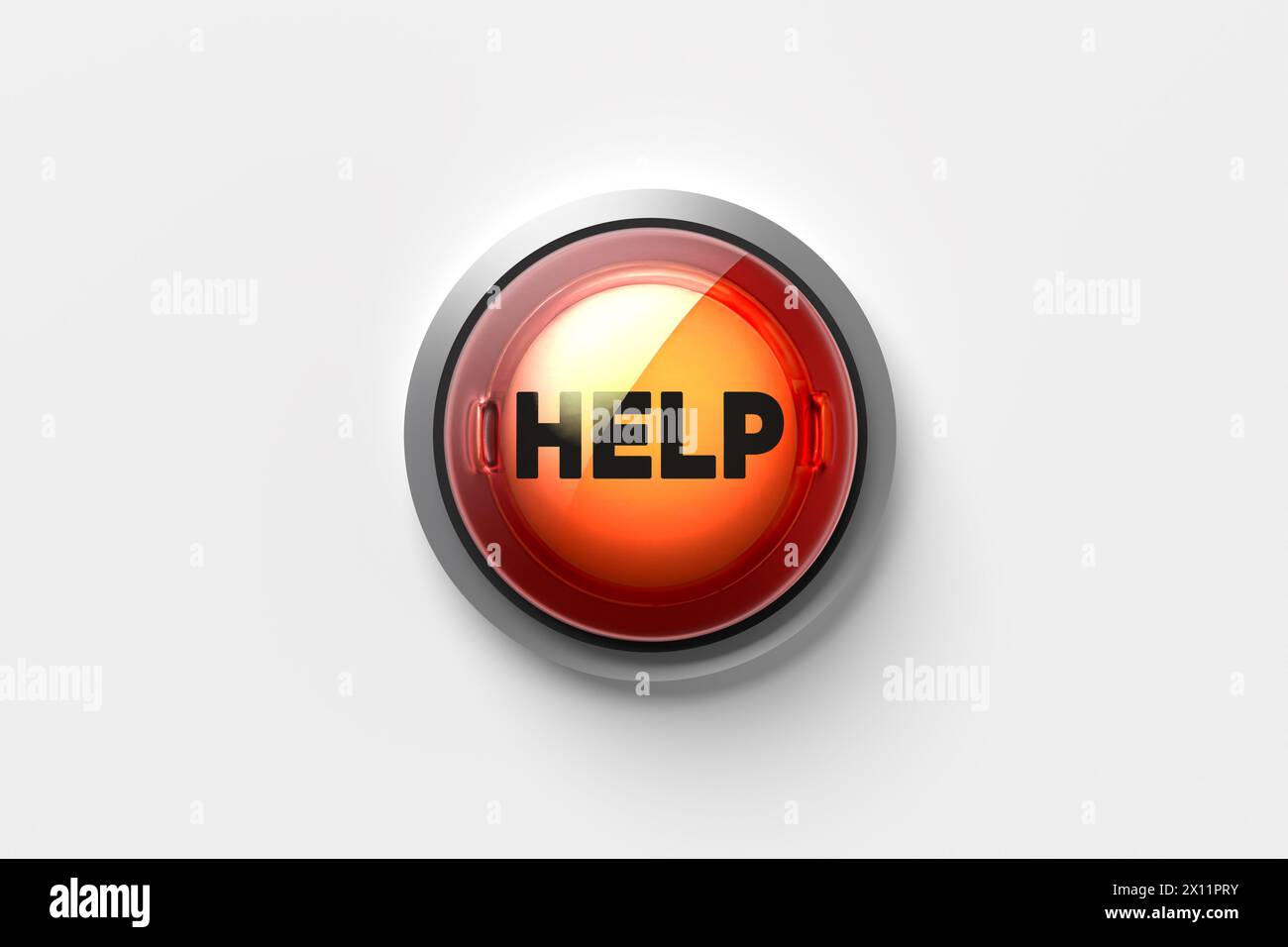 Le mot Help sur un bouton-poussoir isolé sur fond blanc. Concept de service d'aide en ligne. Rendu 3D. Banque D'Images
