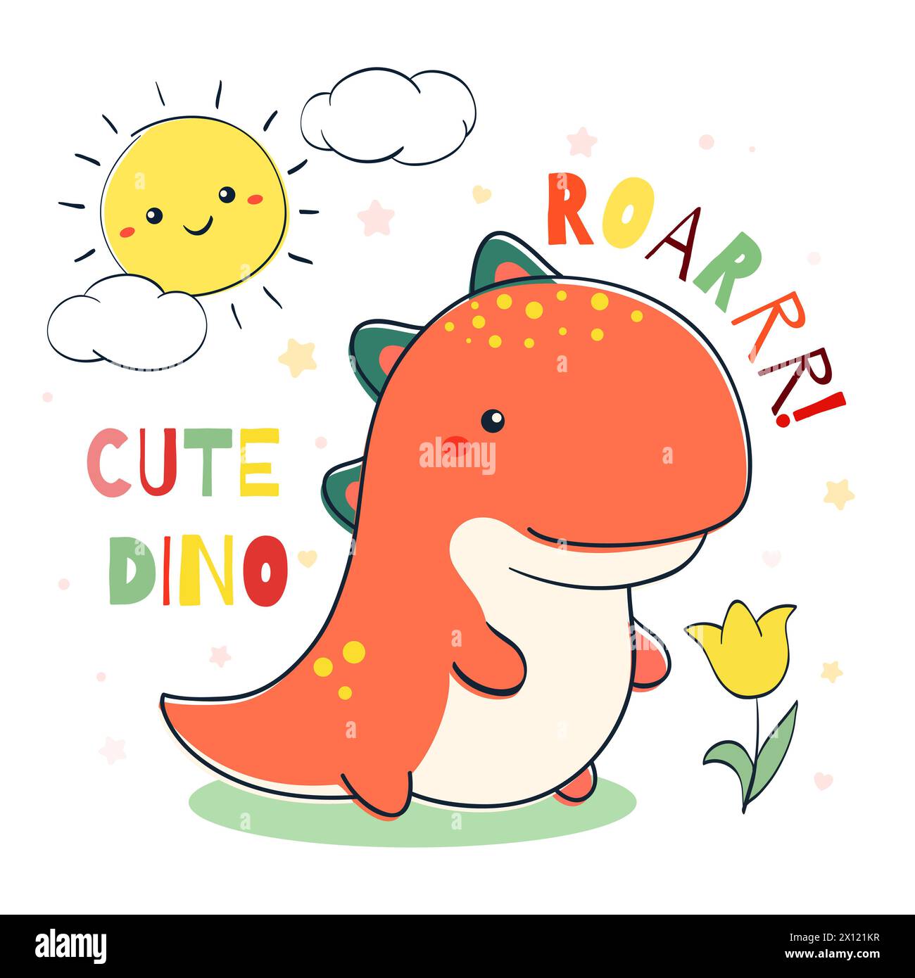 Illustration de style Doodle avec Dino mignon, nuage, soleil et fleur. Croquis dans le style dessiné à la main avec dinosaure de dessin animé souriant. Peut être utilisé pour la chambre d'enfants p Banque D'Images