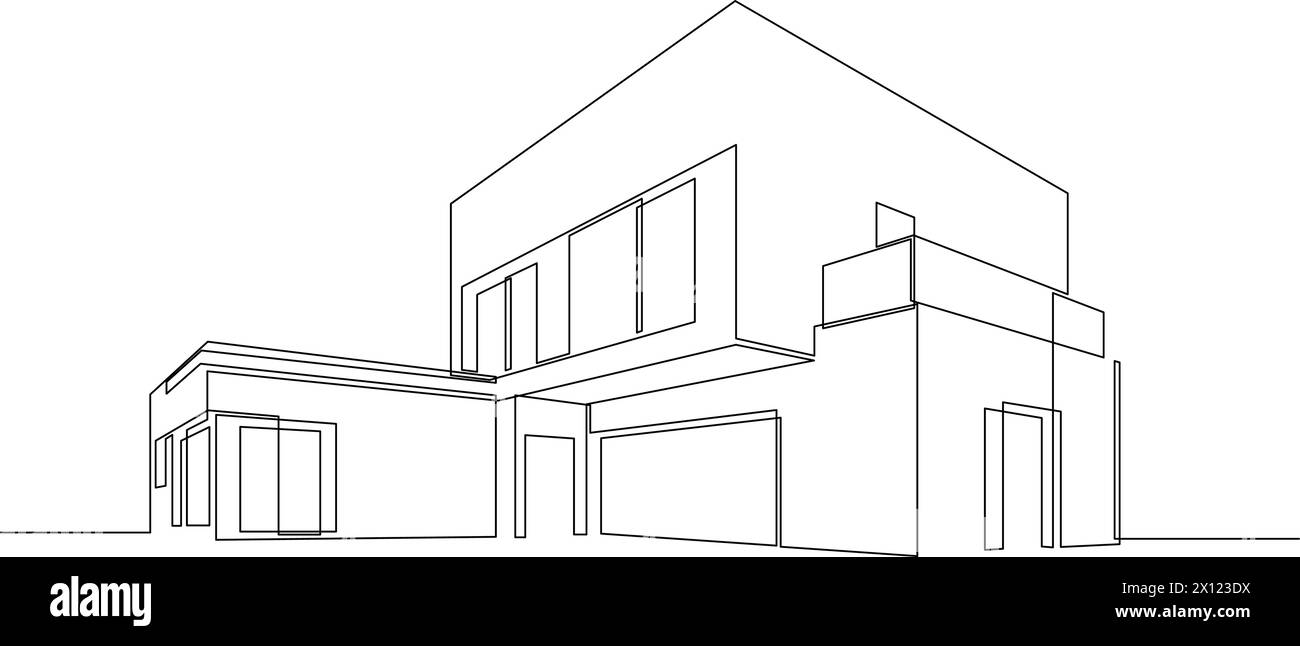 Maison de toit plat moderne ou dessin de ligne continu de bâtiment commercial. Illustration vectorielle d'esquisse noir minimaliste à une ligne Illustration de Vecteur